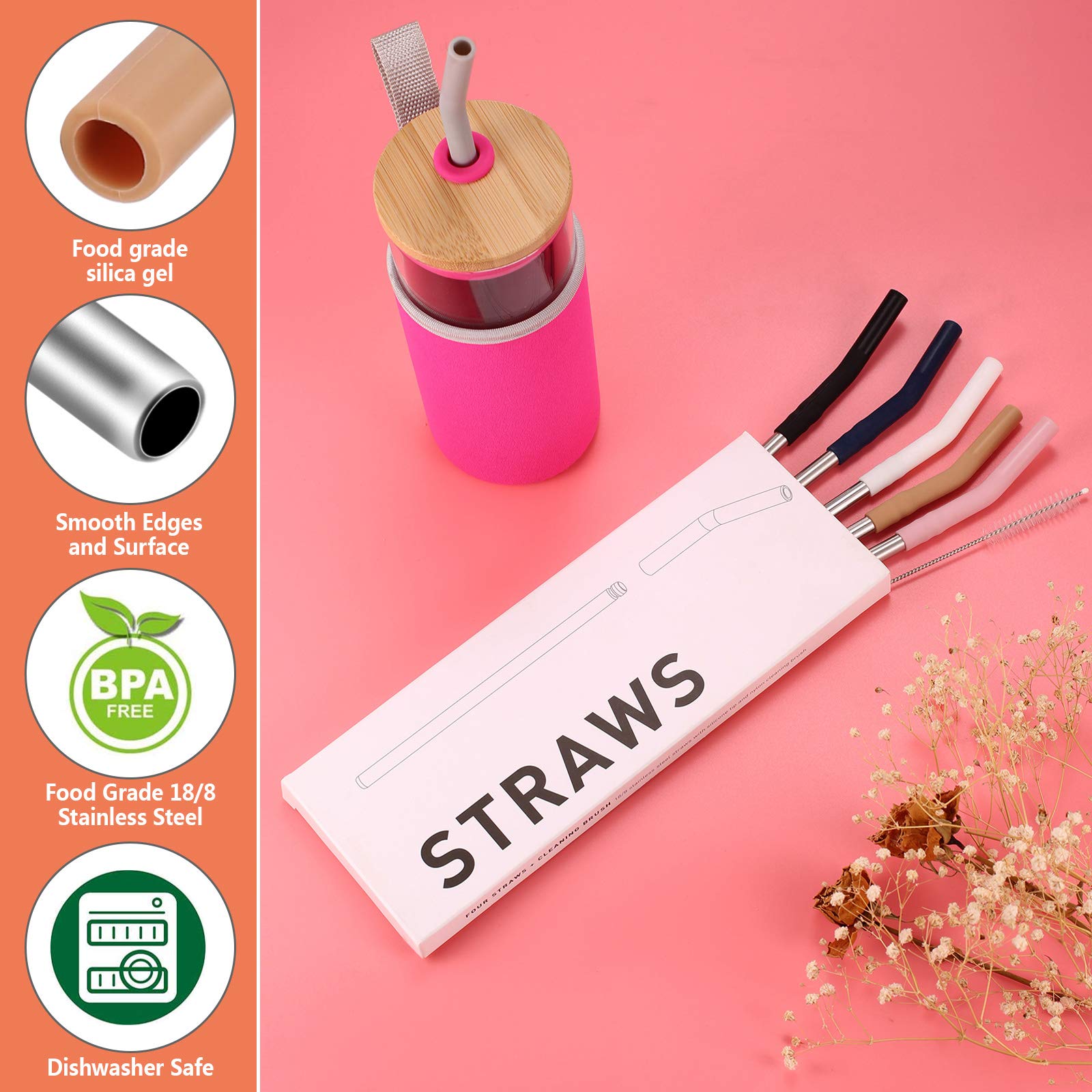 Tronco Set Of 6 Stainless Steel Reusable Metal Straws With Silicone Flex Tips Elbows Cover, Metal Drinking Straws For Tronco Tum