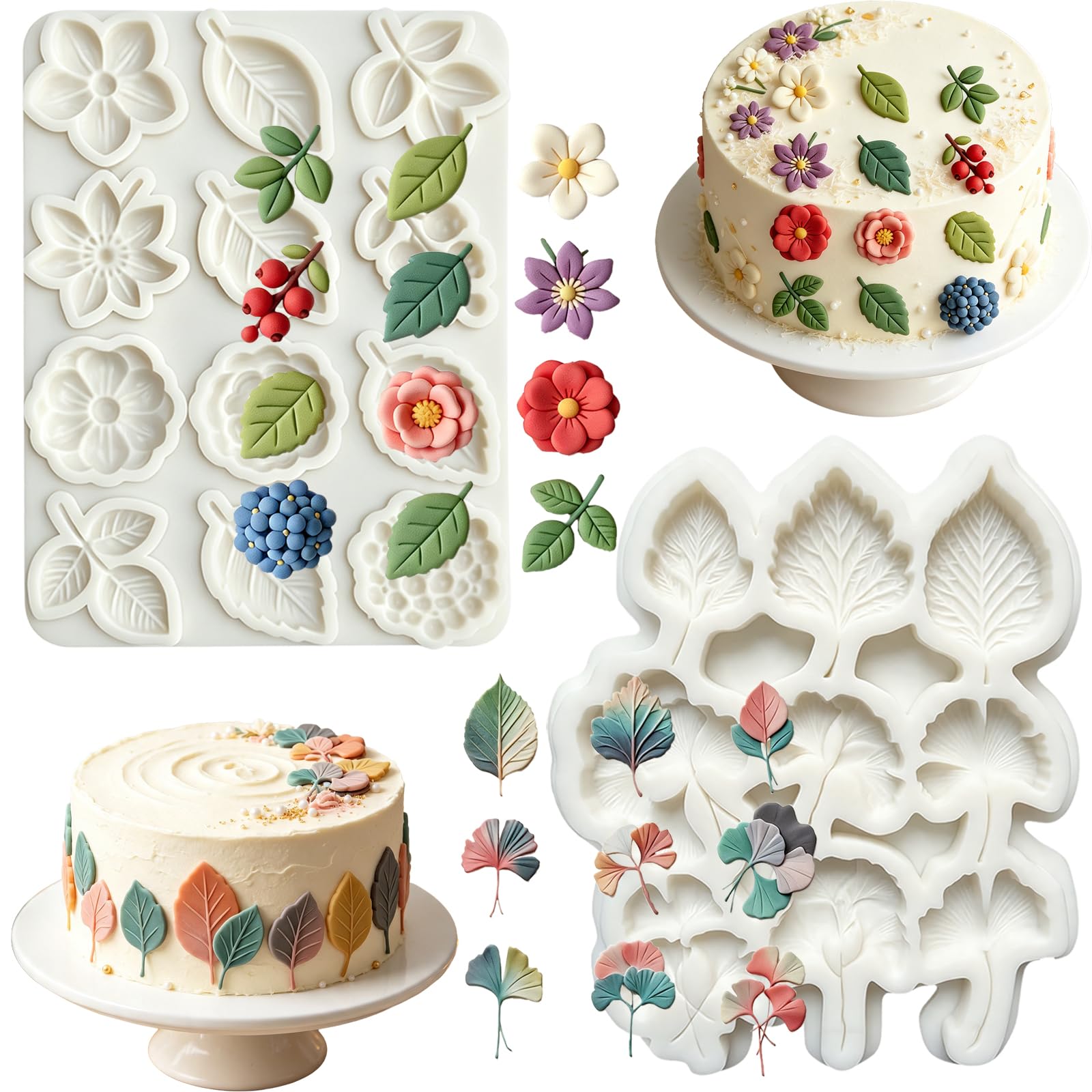 IKOJING Flower Berry Leaf Silicone Molds, 2PCS Ginkgo Leaves Fondant Molds