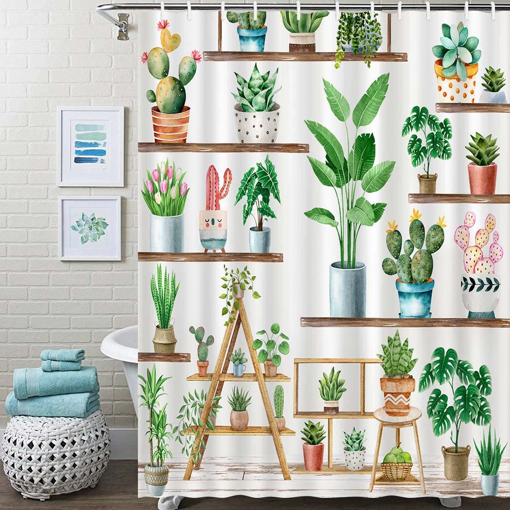 Juirnost Green Plant Farmhouse Shower Curtain Bohemian Potted Plant Shower Curtain For Bathroom Cactus Succulent Plant Bathtubs