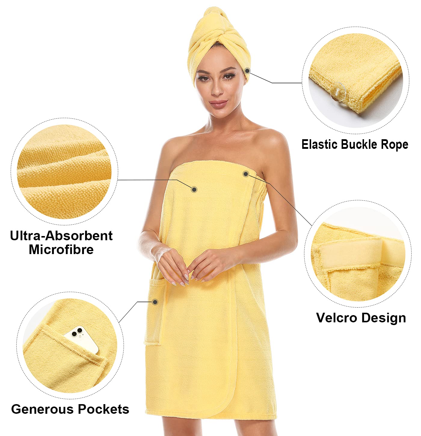 Orrpally Women Shower Wrap Robe Bath Wrap Towel Spa Body Wrap Adjustable Closure Bathrobe Yellow Xl
