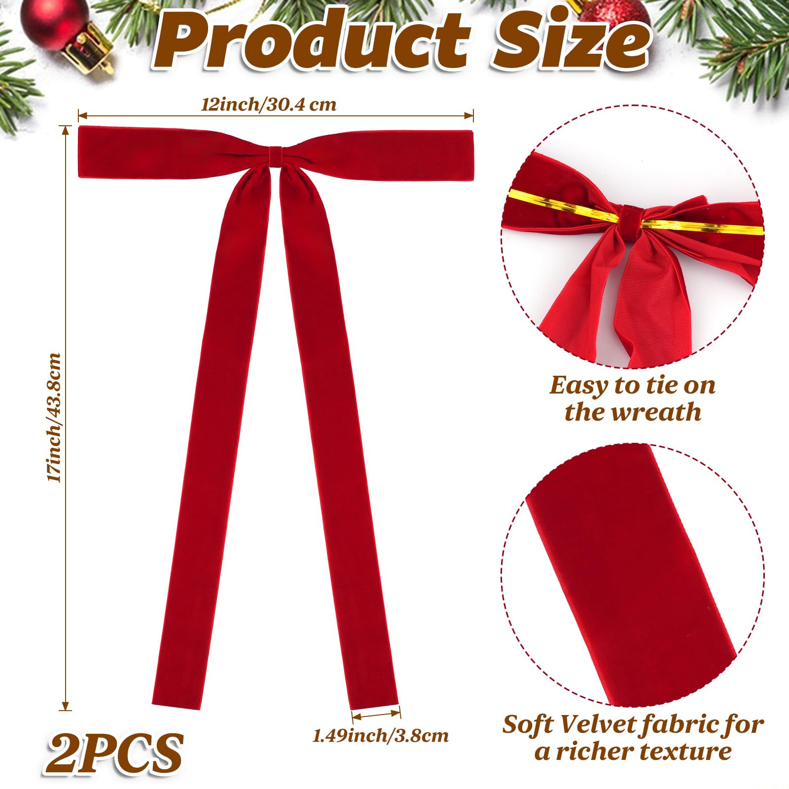 HEAEUNK 2 Pcs Large Red Velvet Christmas Bows, 12x17 Red Velvet Bows for Christmas Tree, Swag Bows for Mantel, Front Door, Stair