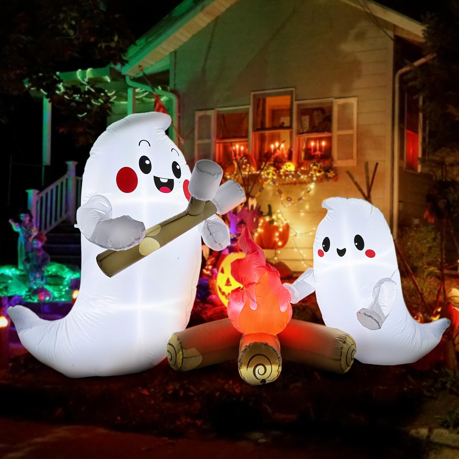 8FT Halloween Inflatables Roof Decorations, Mummy Holding Witch and Black Cat with Bandages, Holiday Blow Up Outdoor Decorations