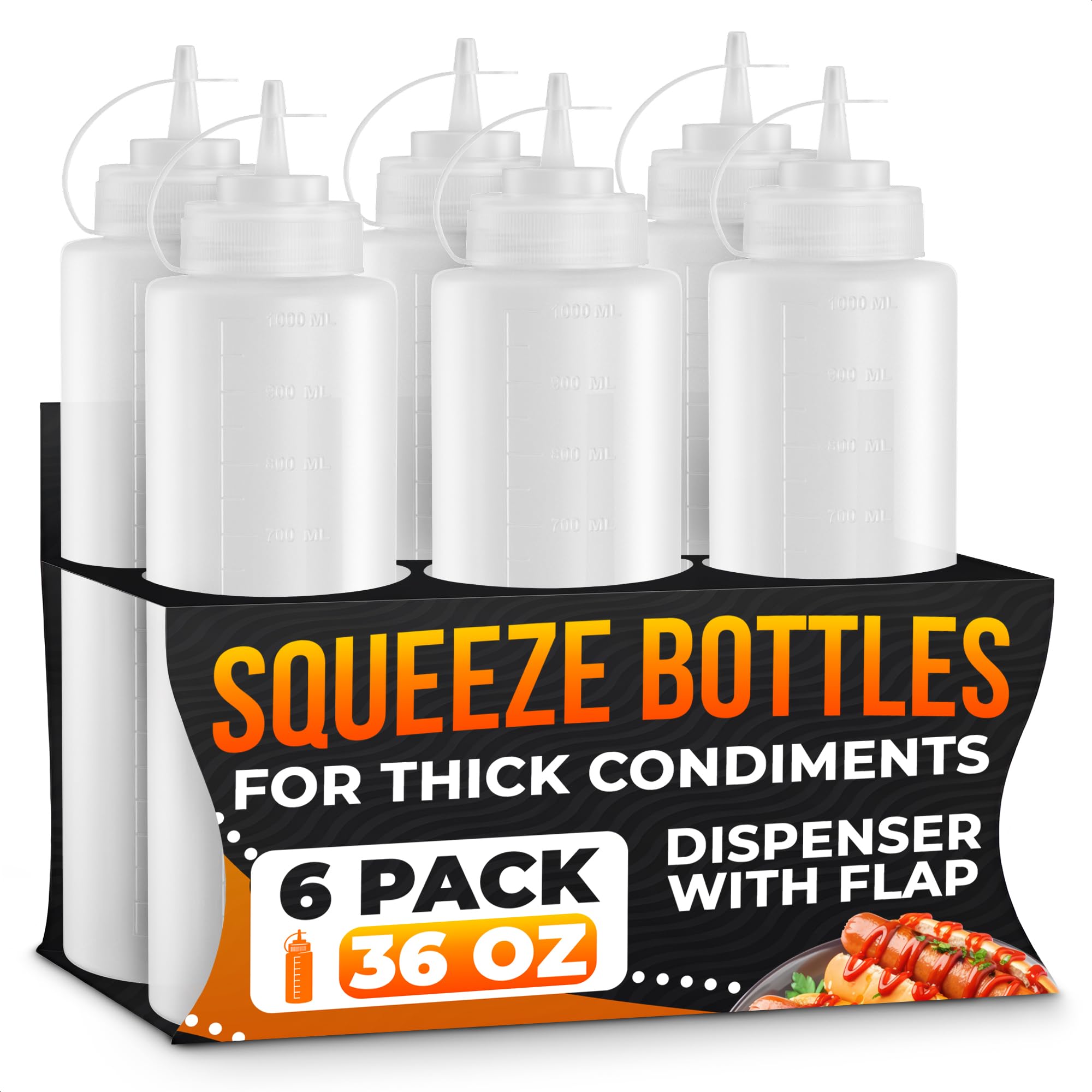 6-Pack Plastic Condiment Squeeze Bottles 36oz - Refillable Squirt Bottles with Narrow Tip, Leak-Resistant | Great for Oil, Sauce
