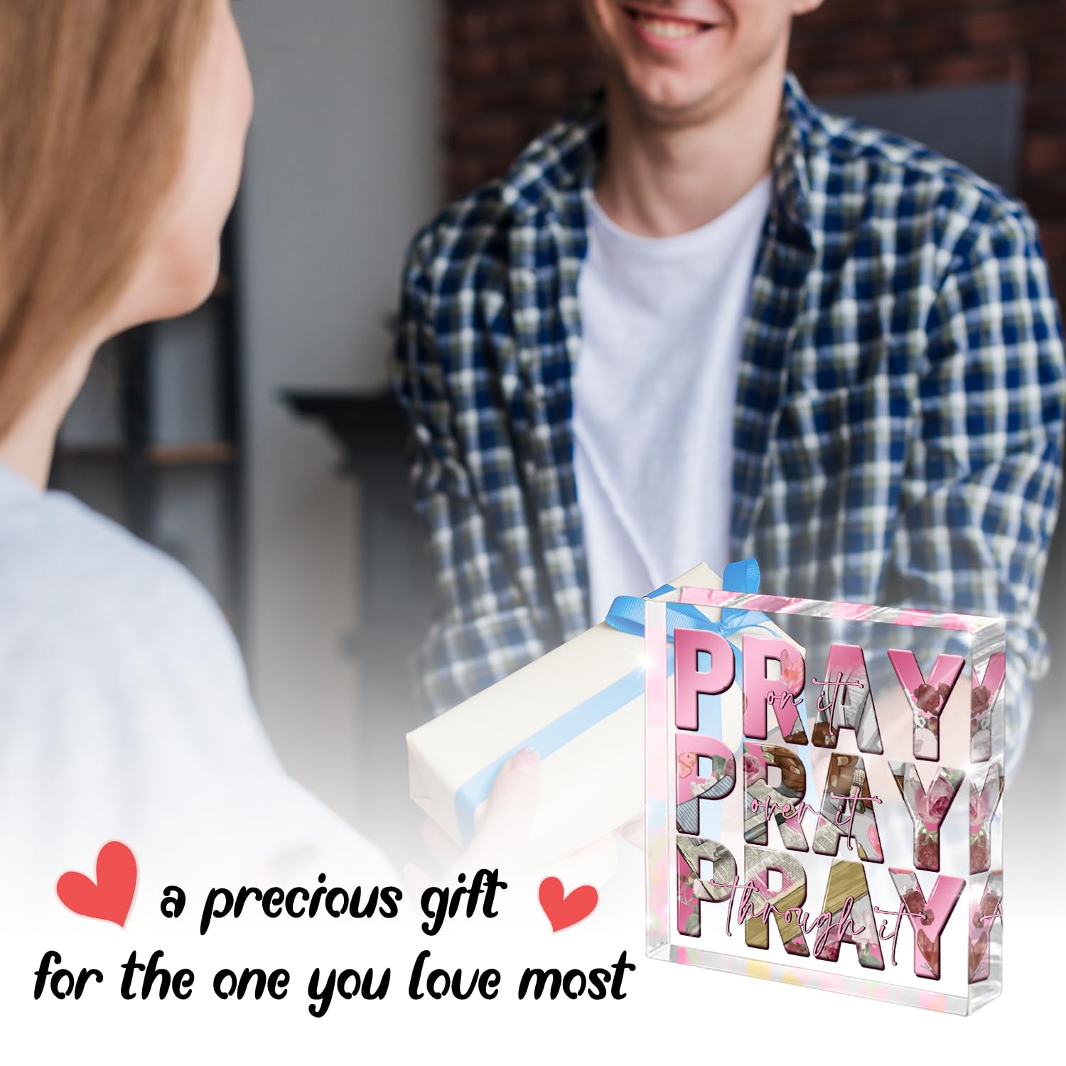 Religious Gifts for Women, Pink Inspirational Decor Pray Over It Bible Verse Art Christian Gifts, 4x 4 Inches Office Desk Access