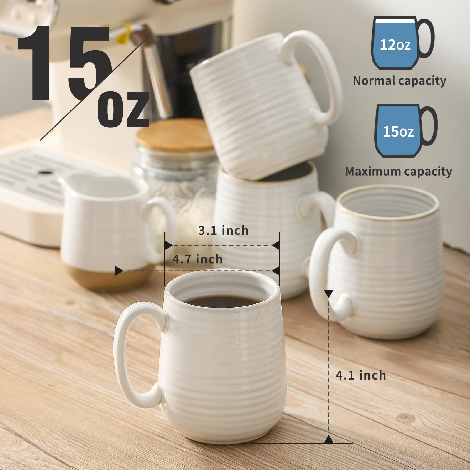 Hasense Coffee Mugs, 12 Ounce Ceramic Coffee Cups Set of 4, Latte Mug with Handle for Milk, Cocoa, Cappuccino, Tea Cup for Weddi