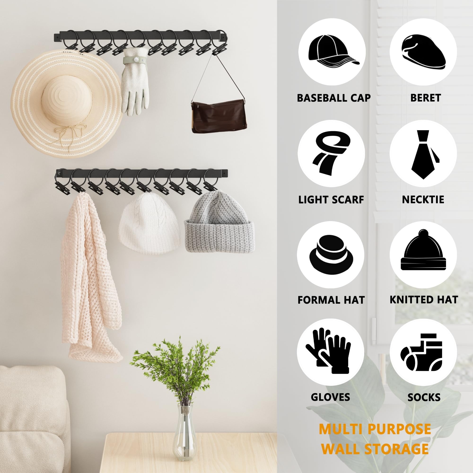 Yeavs Hat Rack For Wall Baseball Cap Set Of 2, Metal Hat Hanger With Hooks, Wall Mount Cowboy Hat Storage Display Sock Scarf Org