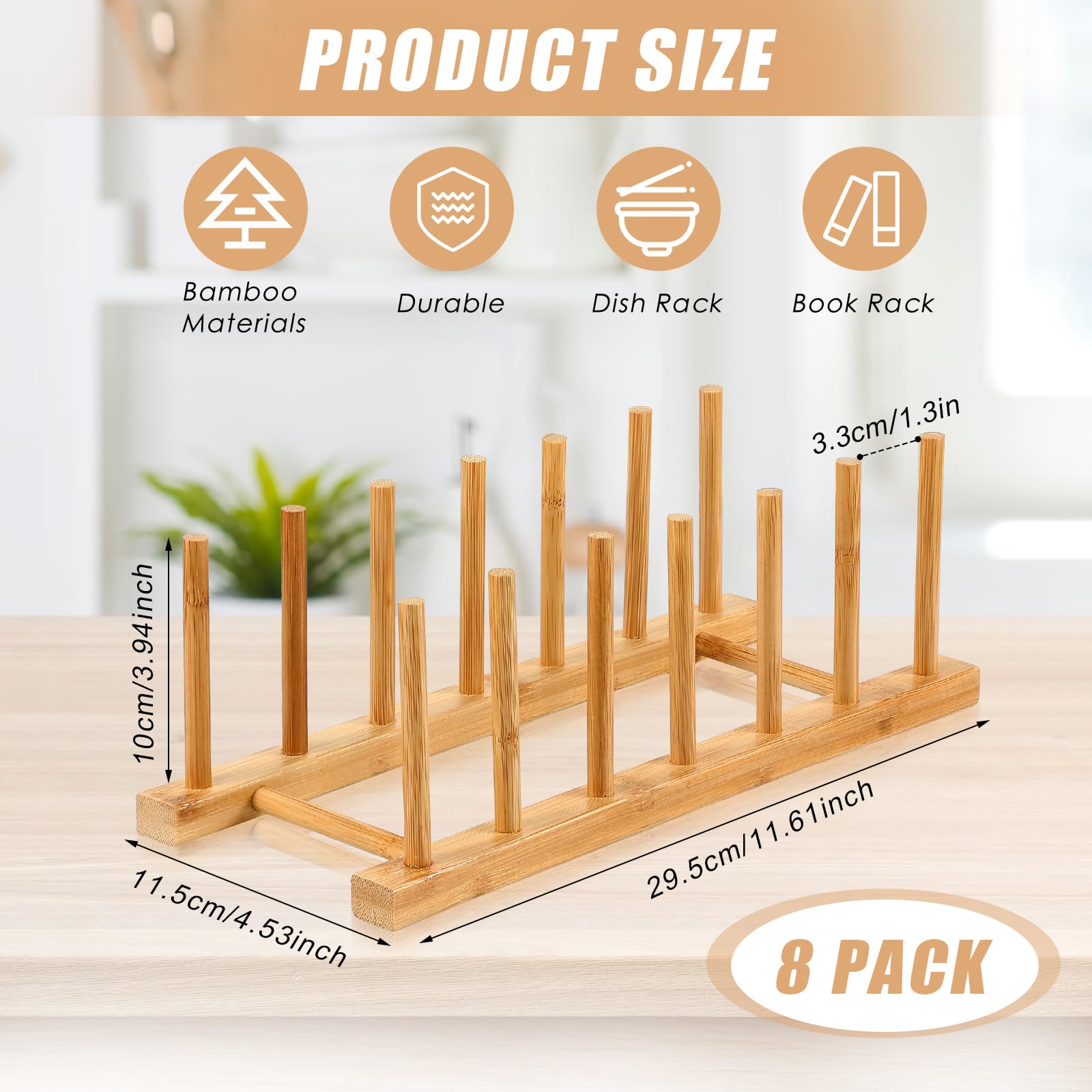 Yinkin 8 Pcs Bamboo Wooden Plate Rack Dish Drying Rack Wood Pot Lid Holder Stand Kitchen Cabinet Organizer For Bowl Cup Cutting