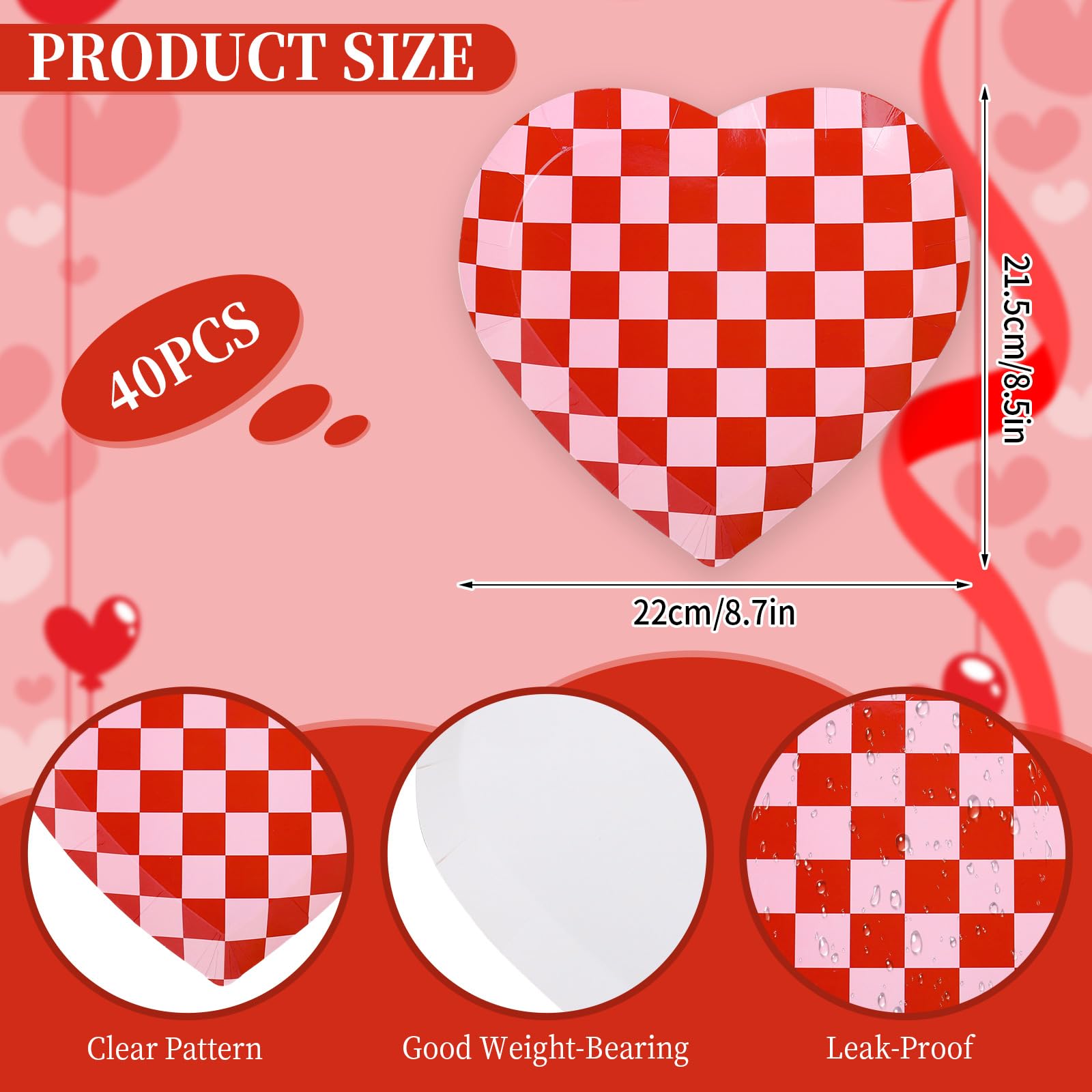 Whaline 40Pcs Valentine'S Day Paper Plates Plaid Love Heart Shape Disposable Plates Red Pink Checkered Heart Party Tableware For