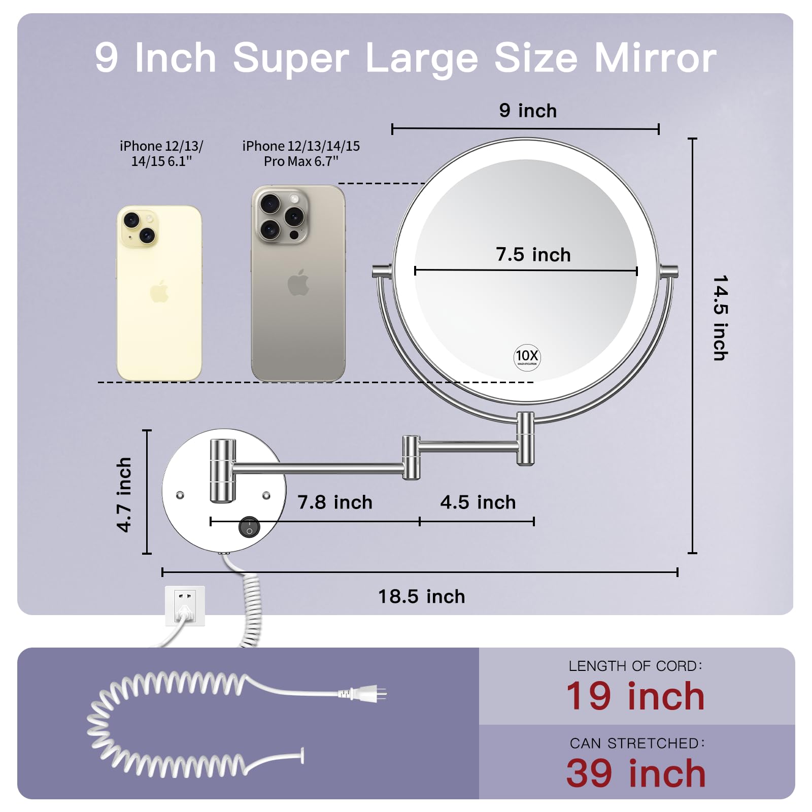 Benbilry 9'' Wall Mounted Lighted Makeup Mirror With Magnification 10X, Large Size Double Sides Led Vanity Mirror, 10X Magnifyin