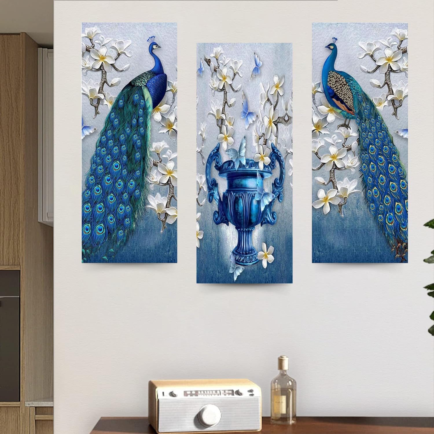 Masstone Peacock Wall Art For Living Room | Wall Art For Bedroom (15X18 Inch) | Wall Art Frames Set Of 3 | Wall Hanging Art Deco