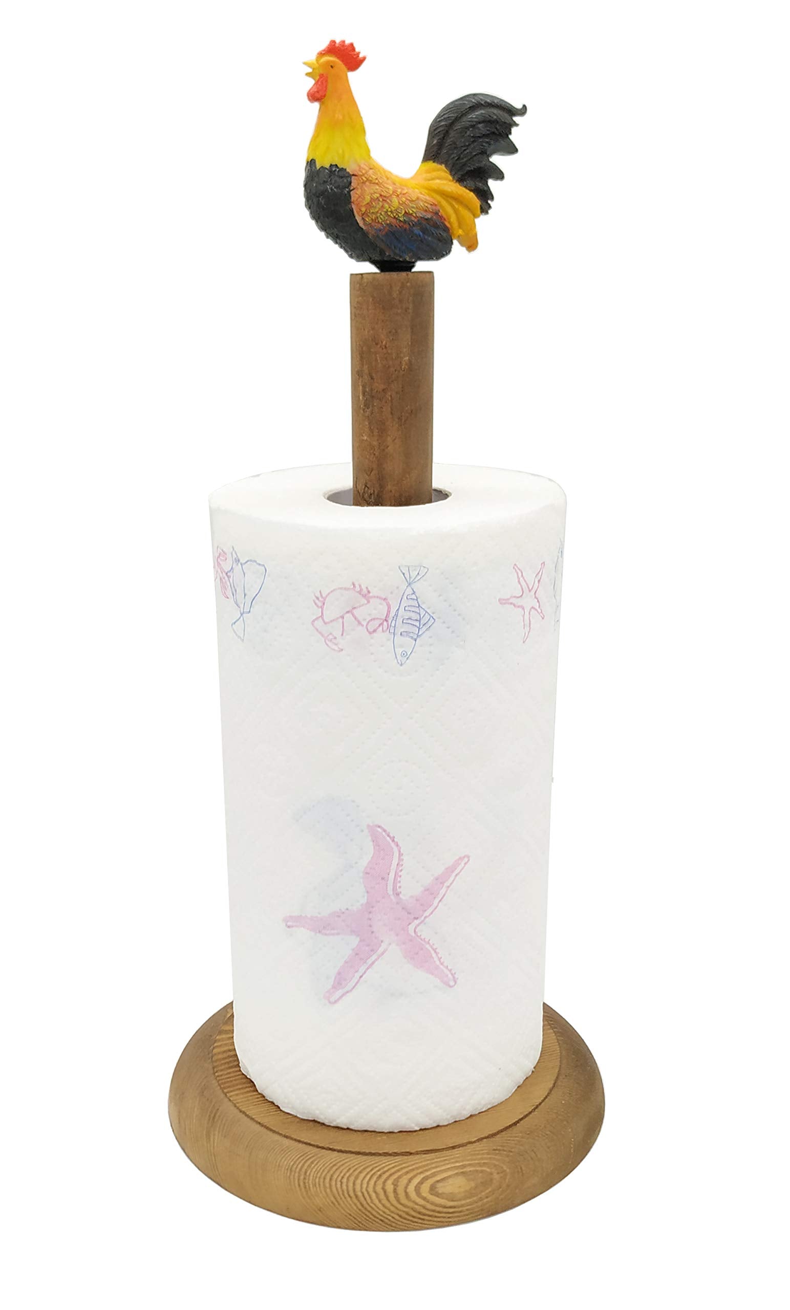 Rooster Design Rustic Brown Wood Paper Towel Holder Stand Up Paper Towel Holder, Easy One-Handed Tear Kitchen Paper Towel Dispen