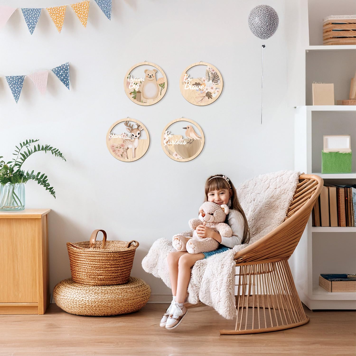 HPNIUB 4 Pieces Jungle Animals Wall Art Decors, Motivational Wall Art for Kids Playroom, Safari Baby Animals Room Wood Sign, For