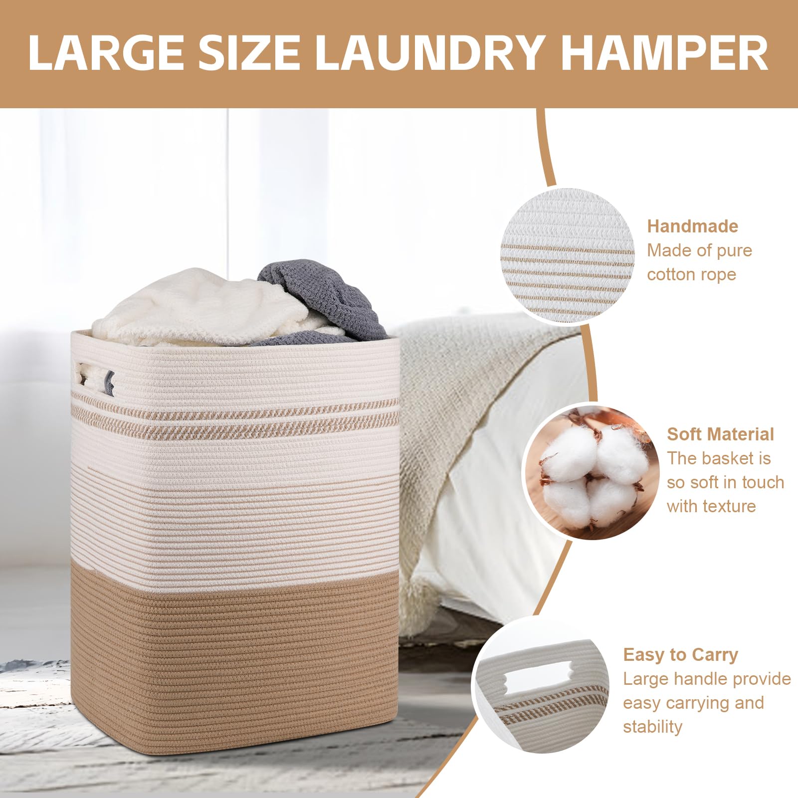 Sixdove Laundry Hamper, Large Woven Rope Tall Laundry Basket With Handles, 22'' X 17'' X 13'', Decorative Storage Basket For Clo