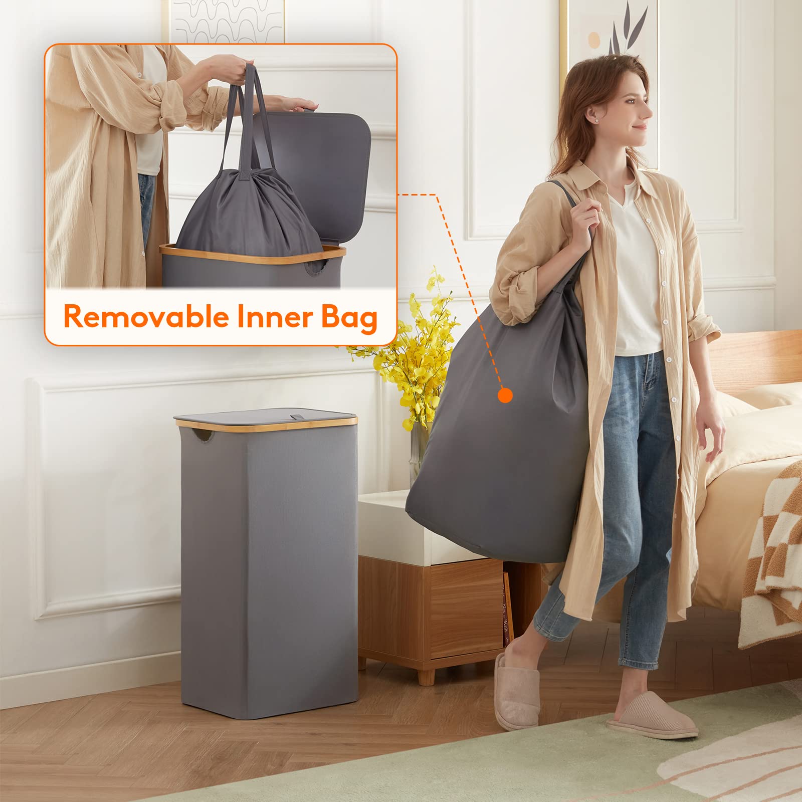 Lifewit 100L Basket With Lid, Clothes Hampers With Bamboo Handles And A Removable Bag, Large Foldable Hamper For Bedroom, Bathro