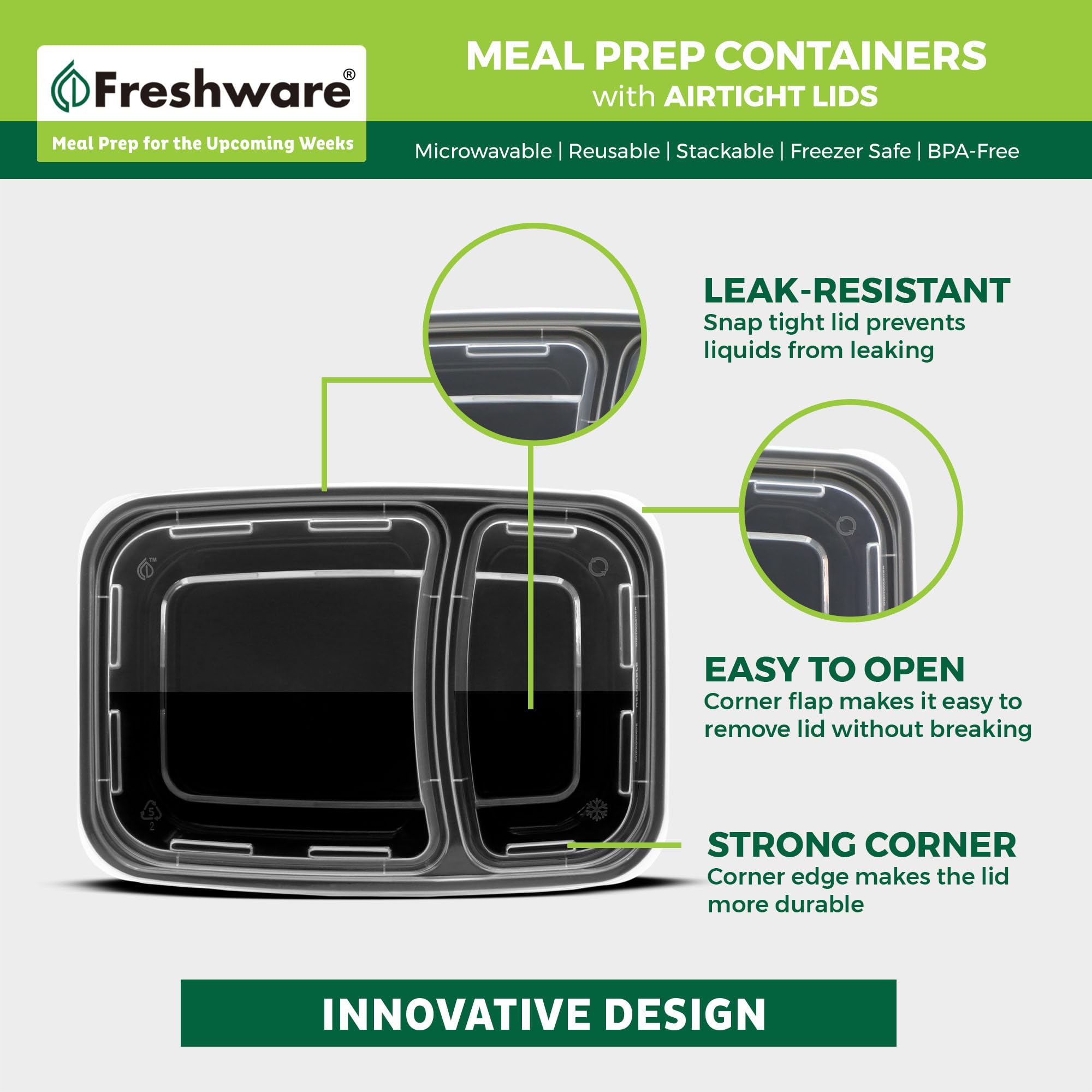 Freshware Meal Prep Containers [15 Pack] 2 Compartment With Lids, Food Storage Containers, Bento Box, Bpa Free, Stackable, Micro