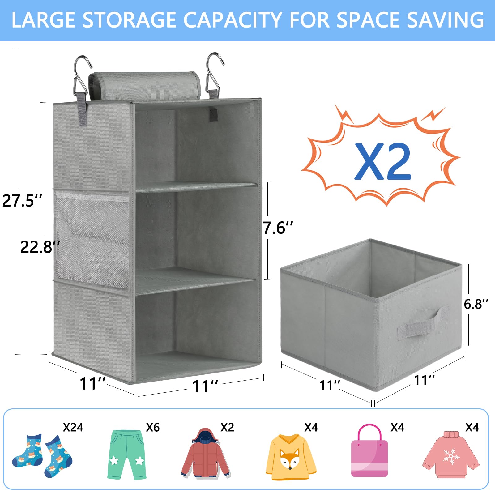 Punemi 3-Shelf Hanging Closet Organizer, 2 Pack Closet Hanging Organizer With Drawers, Foldable Hanging Closet Shelves For Rv, C