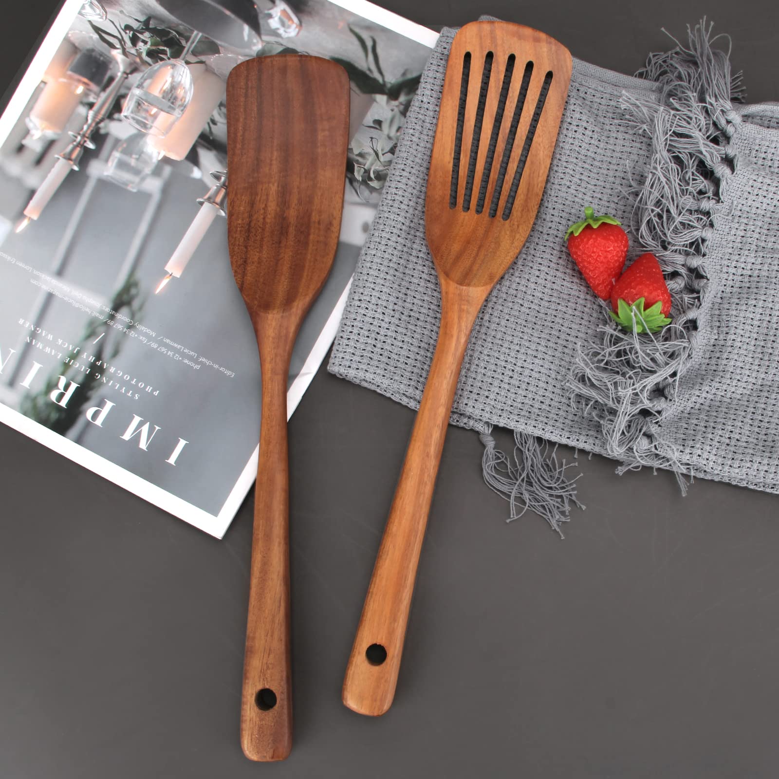 2 Pcs Acacia Wood Spatula Set Non Stick Cooking Utensils Slotted Turner Flat Wooden Kitchen Wok Spatula For Mixing Frying Fish S