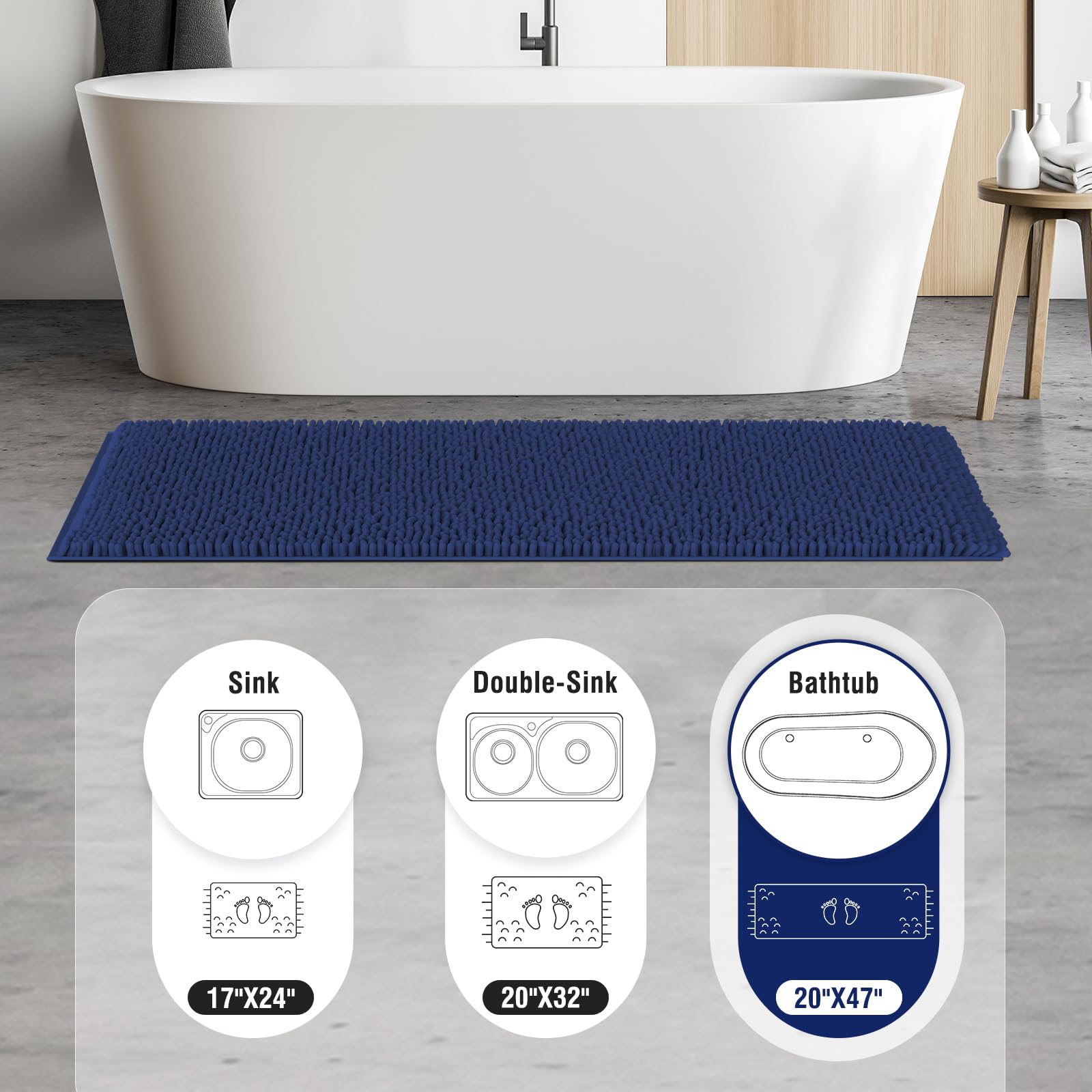Techmilly Soft Fluffy Chenille Long Bathroom Rugs Runners, Non Slip Absorbent Bath Mats For Bathroom, Washable And Quick Dry, Na