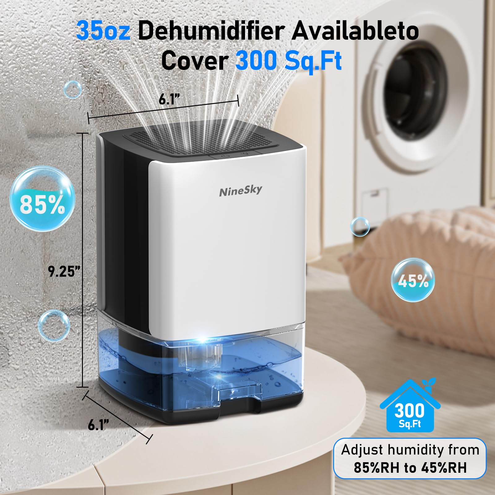 Ninesky Dehumidifier, (350 Sqft) 40 Oz Dehumidifiers For Bathroom, Bedroom, Dehumidifier With Auto Shut Off Function, Two Workin