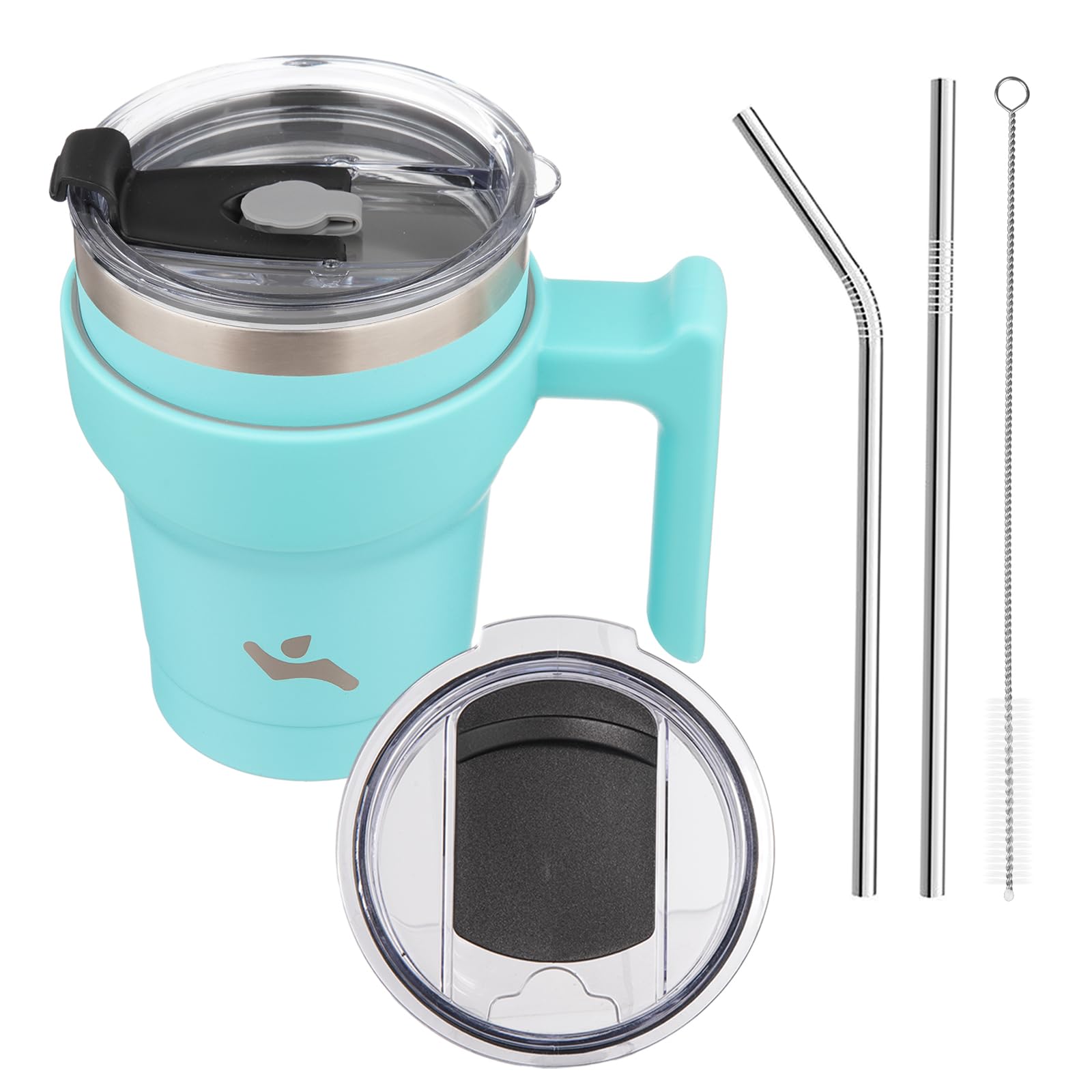 Konokyo 10 oz Tumbler with Handle and 2 Straw 2 Lid, Insulated Water Bottle Stainless Steel Vacuum Cup Reusable Travel Mug,Turqu