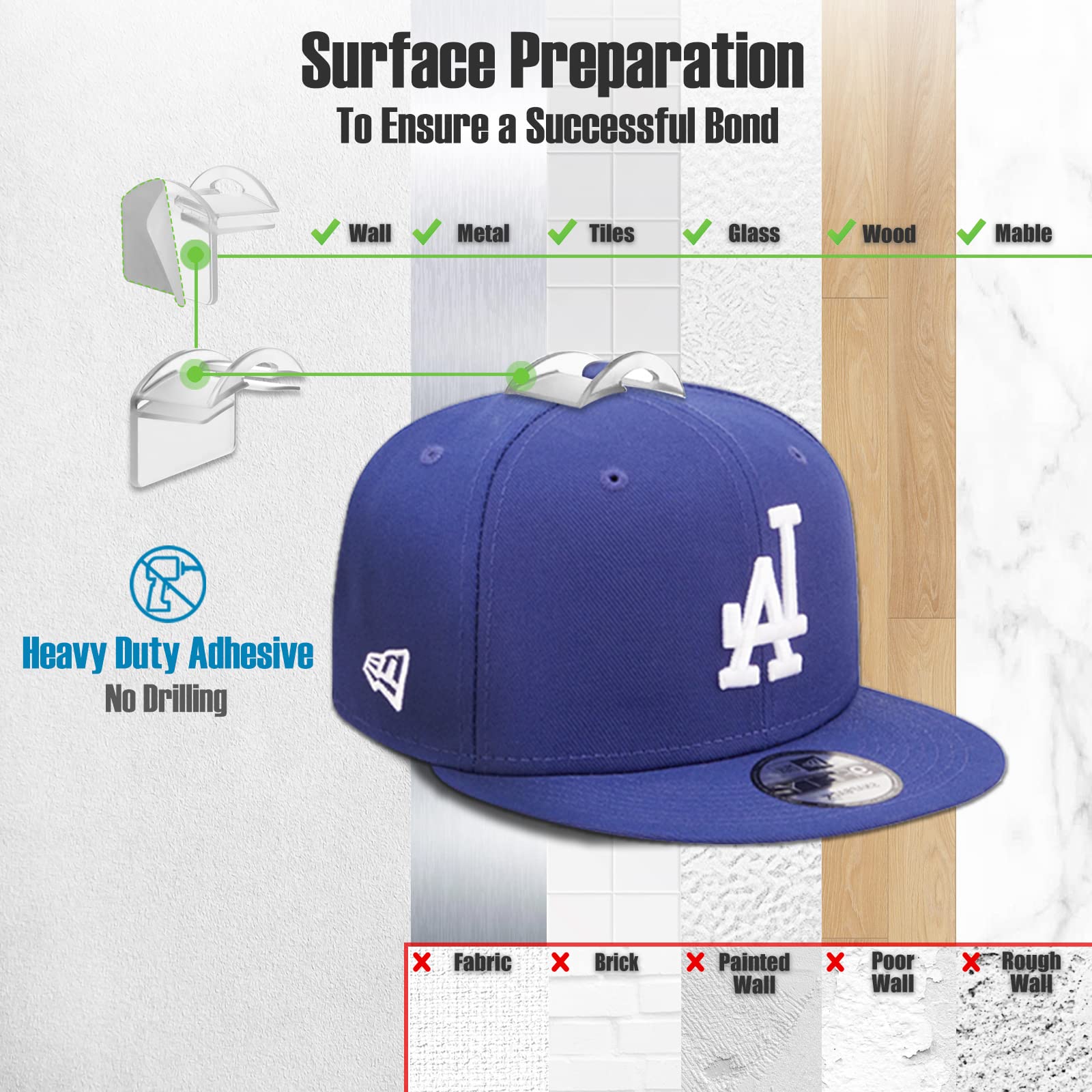 Brateaya Hat Hangers For Wall, No Drilling Caps Holder Organizer, Adhesive Hat Hooks For Hanging Hats, Wall Mounted Hat Rack For