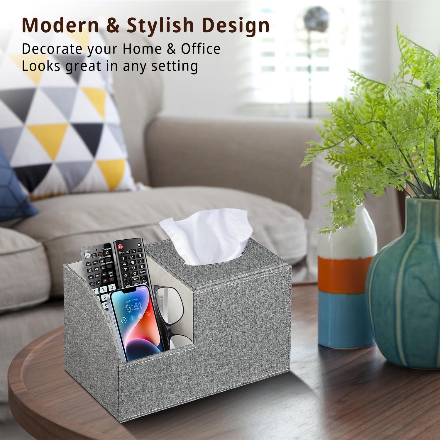 Square Tissue Box Cover - Multi-Functional Tissue Box Holder, Tissue Box Cover With Storage,Tissue And Remote Control Holder, Cu