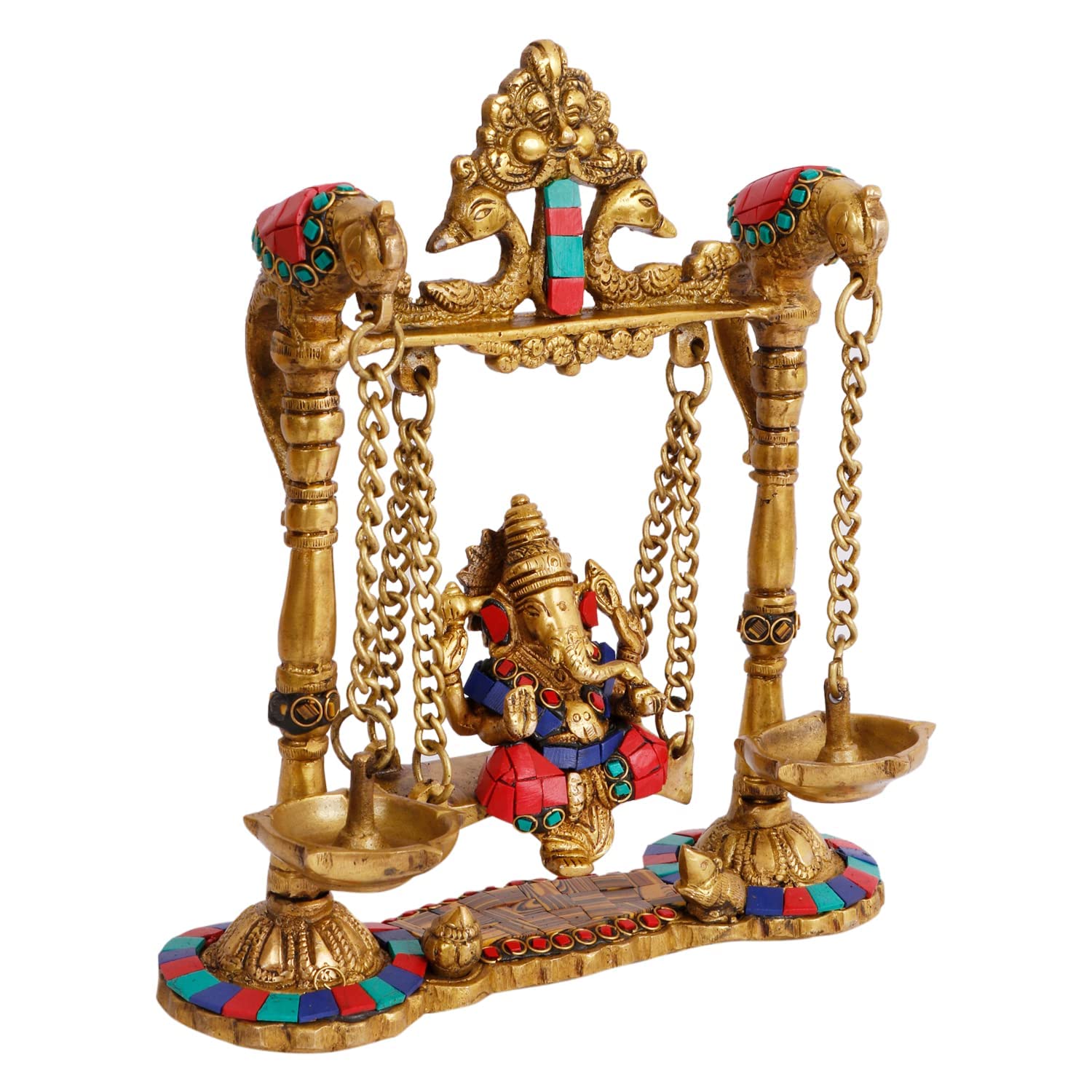 Kartique Brass Ganesh Bhagwan Jhula With Two Diyas Ganesha Idol Swing Ganpati Bappa Jhoola Murti For Home House Warming Mandir O