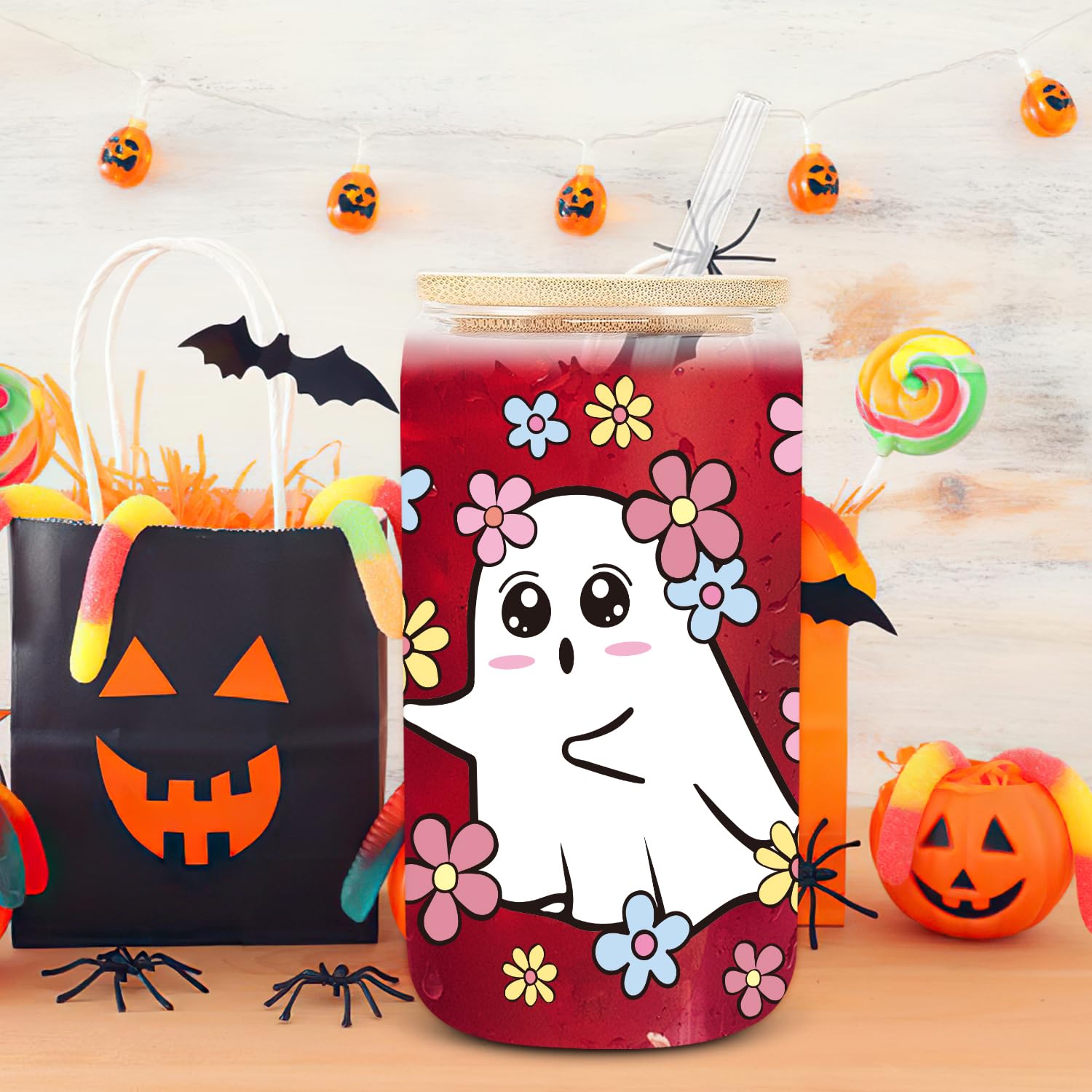 UAREHIBY Halloween Ghost Glass Cup, Cute Boo Basket Stuffers for Women, 18oz Floral Daisy Ghost Spooky Iced Coffee Glass Tumbler