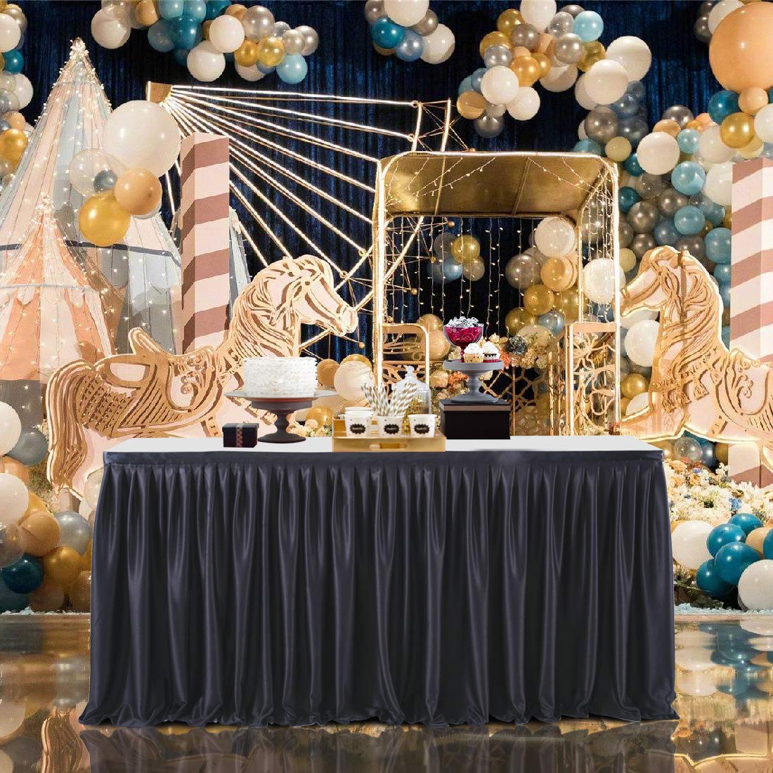 9ft Black Table Skirts for Rectangle Tables Polyester Table Skirt Ruffle Tablecloth for Birthday Party Banquet Black Theme Party Wedding Bridal Shower Table Decorations