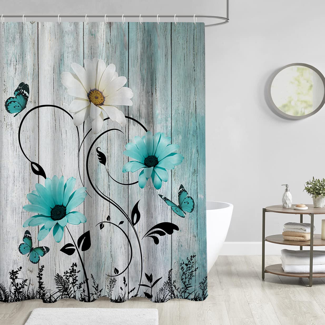Aatter Teal Aqua Turquoise Shower Curtain, Wood Butterfly Daisy Rustic Blue Floral Flower Farmhouse Wooden White Country Black V