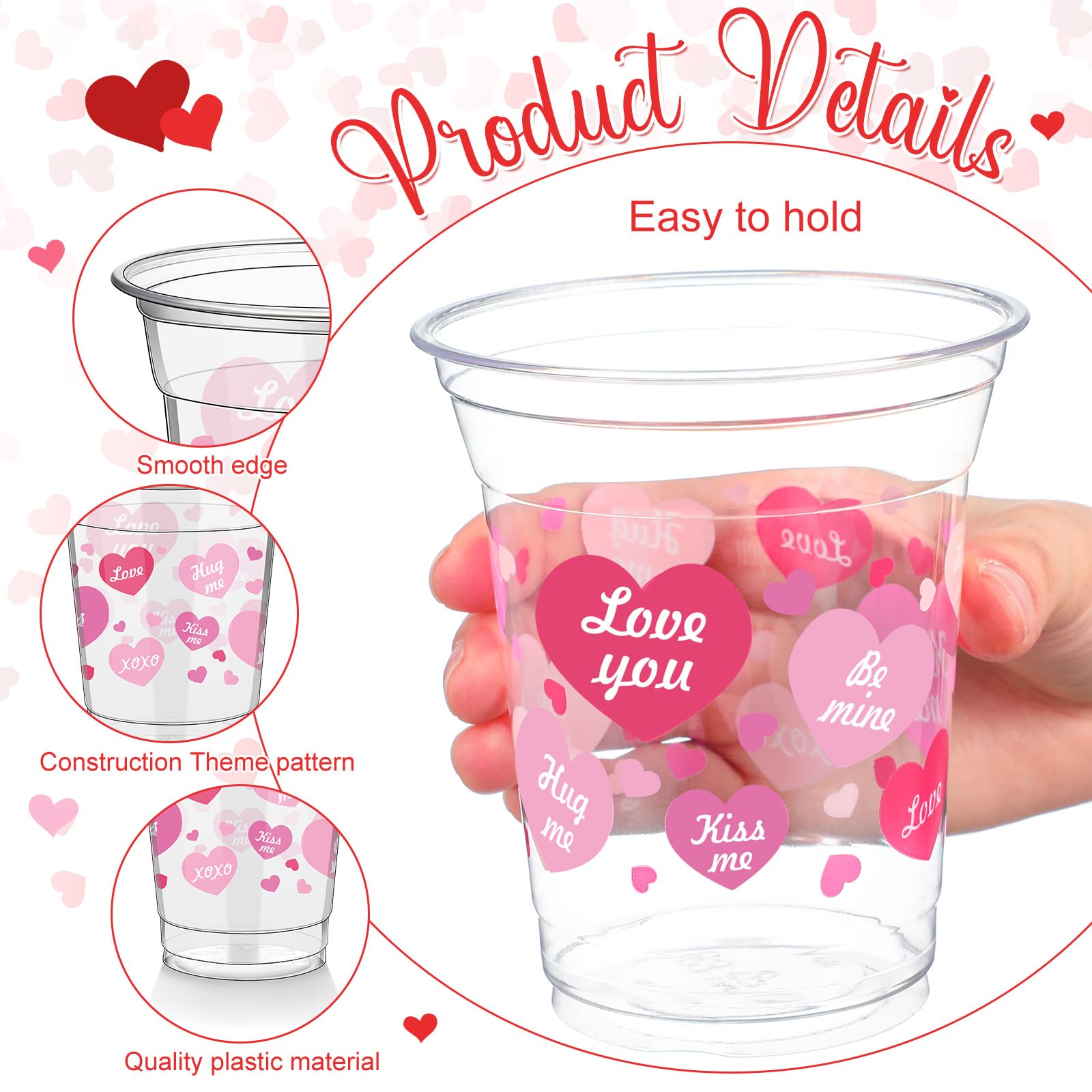 Foldtier 50 Pcs Valentine'S Day Heart Plastic Cups Bulk 12 Oz Valentines Conversation Clear Disposable Cup Love Heart For Juice