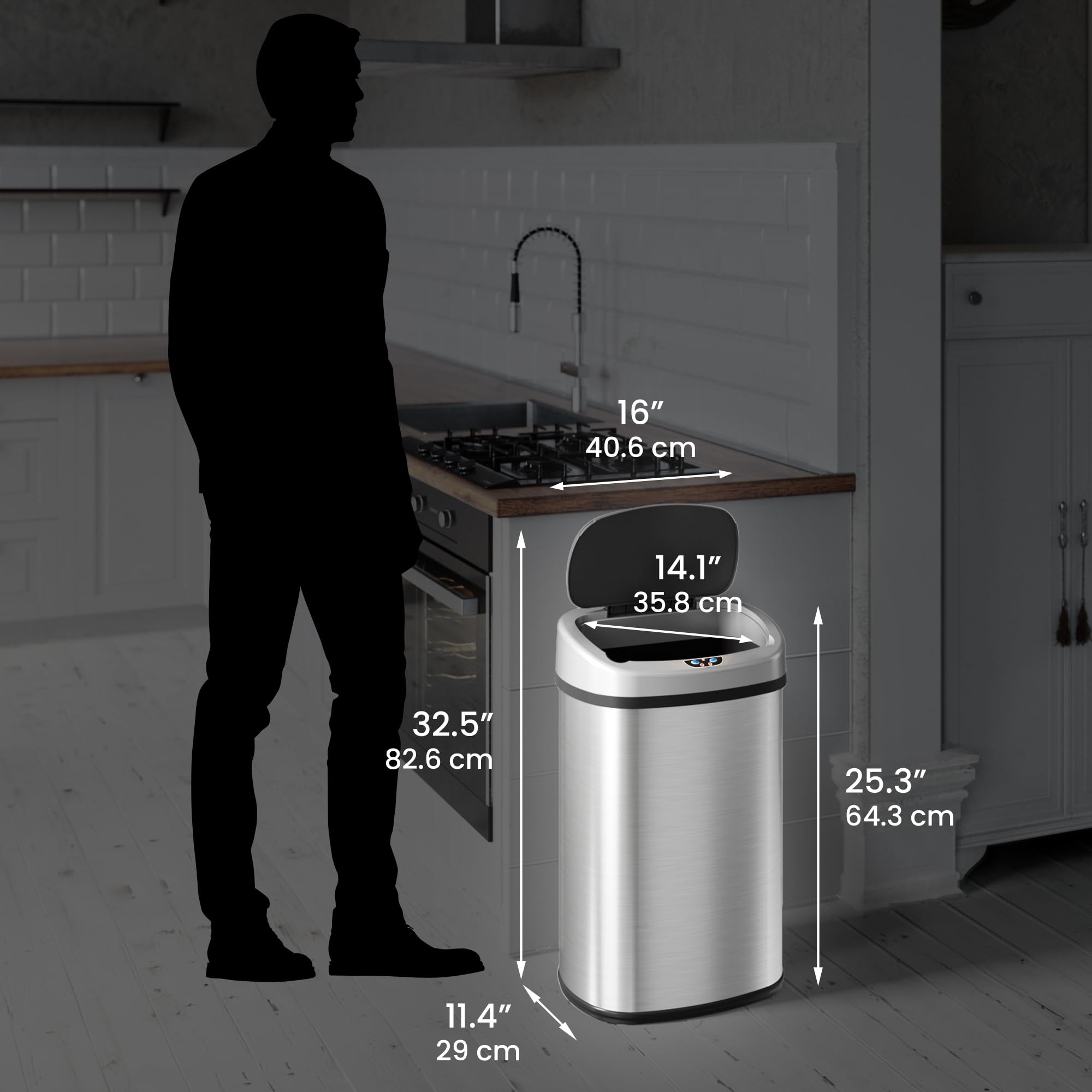 SensorCan 13 Gallon Oval Automatic Touchless Sensor Kitchen Garbage Can with 1 Waterproof Reusable ?rash?Vinyl Sticker  Stainless Steel Space Saving Design