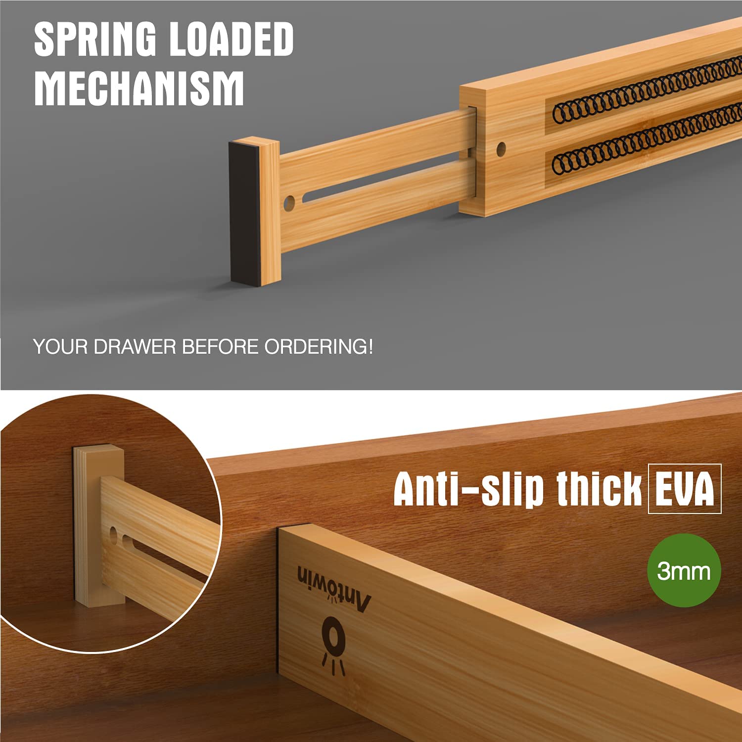 ANTOWIN Bamboo Drawer Dividers Organizers, Drawer Separators Splitter,17-22 inches Long Adjustable Spring-loaded Organizer for L