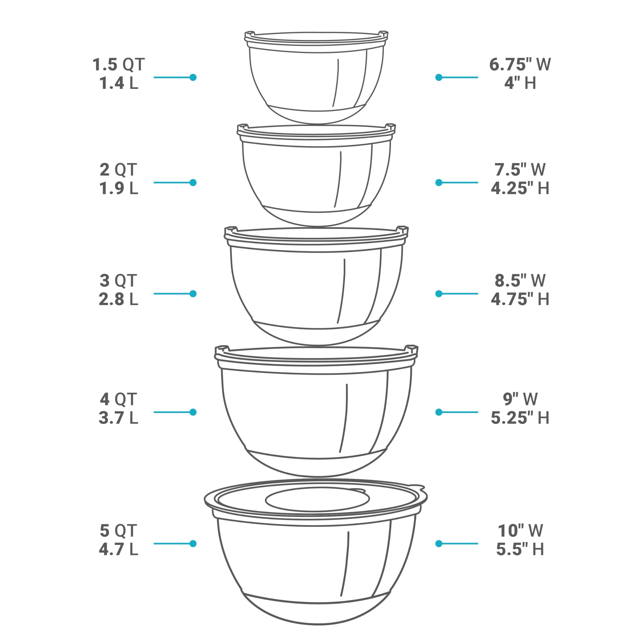 Belwares Mixing Bowls With Lids Set Of 5 - Stainless Steel Nesting Bowls With Non-Slip Silicone Bottoms, Airtight Lids & 3 Grate