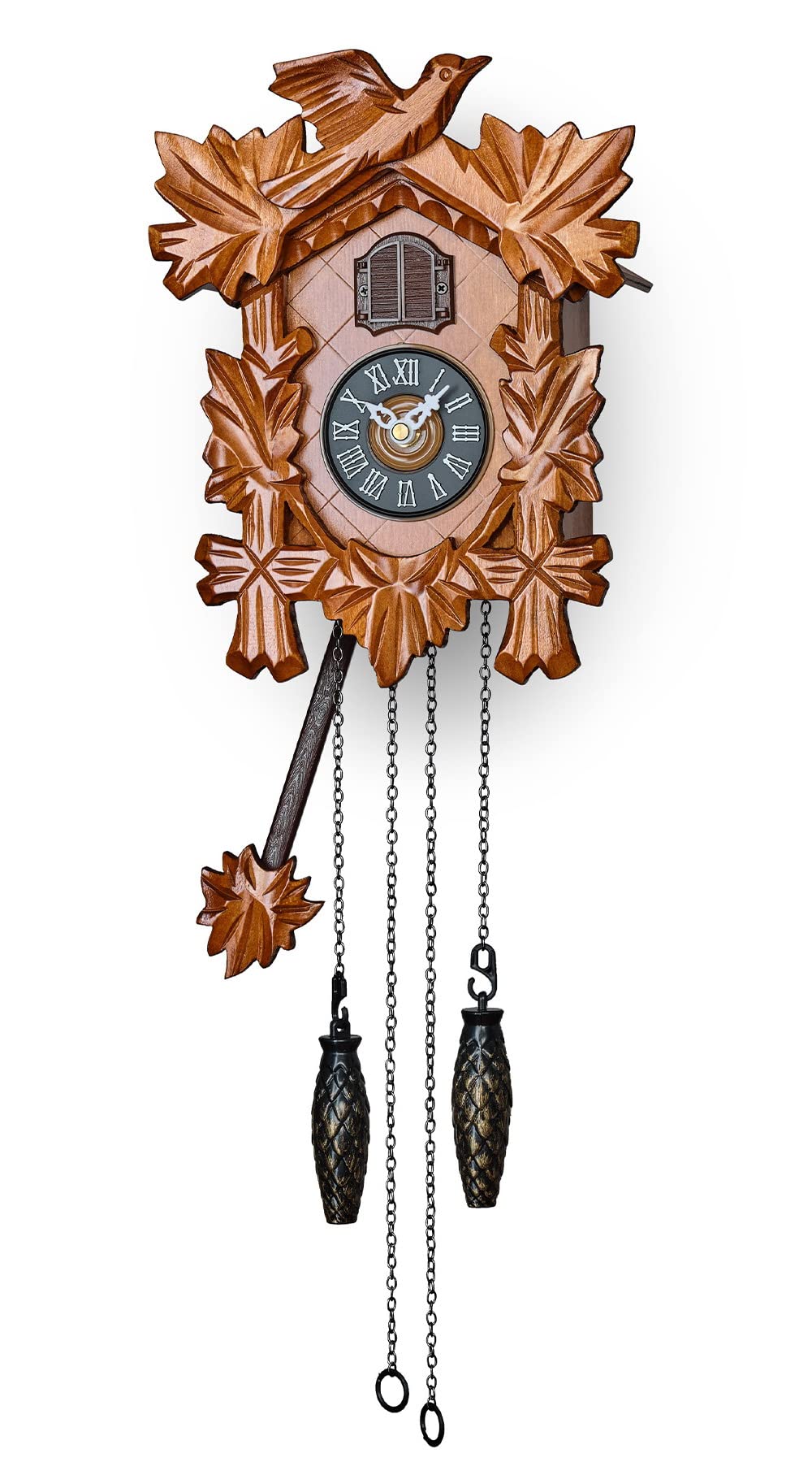 TIMEGEAR Small Cuckoo Clock with Night Mode, Hand Carved Bird and Swinging Pendulum (Cherry)