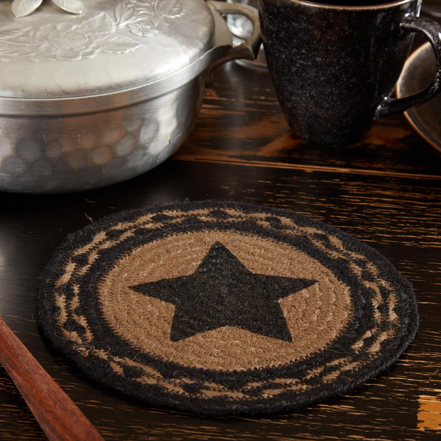 Vhc Brands Farmhouse Primitive Star Black Stenciled Textured Round Kitchen Table Jute Trivet 8