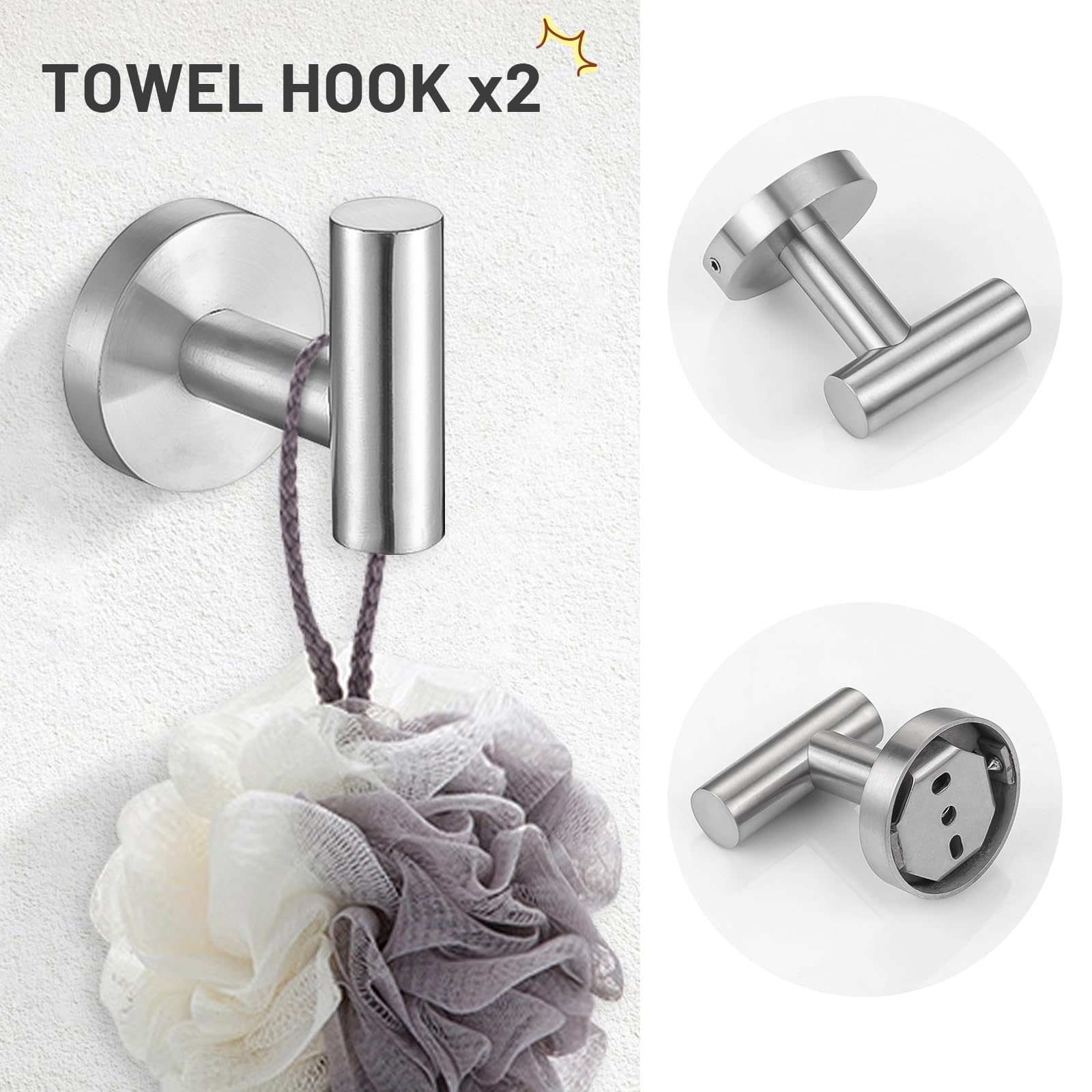 Turs Brushed Steel 5 Piece Bathroom Hardware Set, Sus304 Stainless Steel Bath Towel Bar Set, 24 Inch Bathroom Accessories Kit Wa