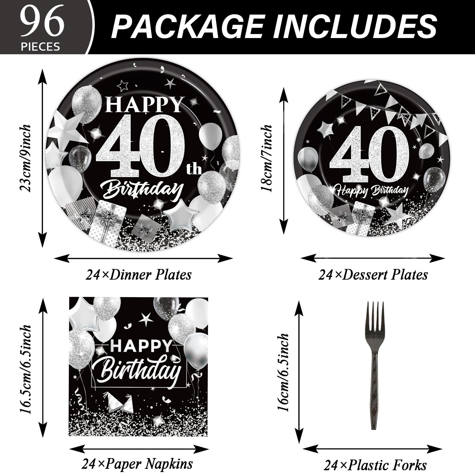 Obusatt 96Pcs 40Th Birthday Plates And Napkins Party Supplies Black And White Silver 40Th Happy Birthday Party Decorations 40Th