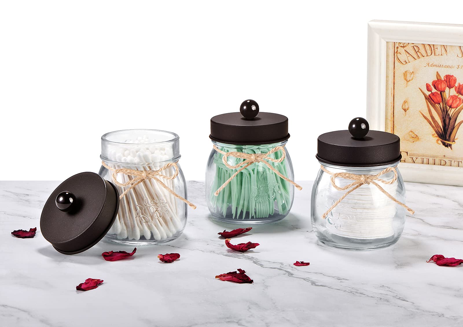 6 Pack Apothecary Jars Set Mason Jar Decor Bathroom Vanity Storage Organizer Canister Glass Qtip Holder Dispenser for Qtips Cotton Swabs Ball bathoom Accessories - Stainless Steel Lid (Bronze)