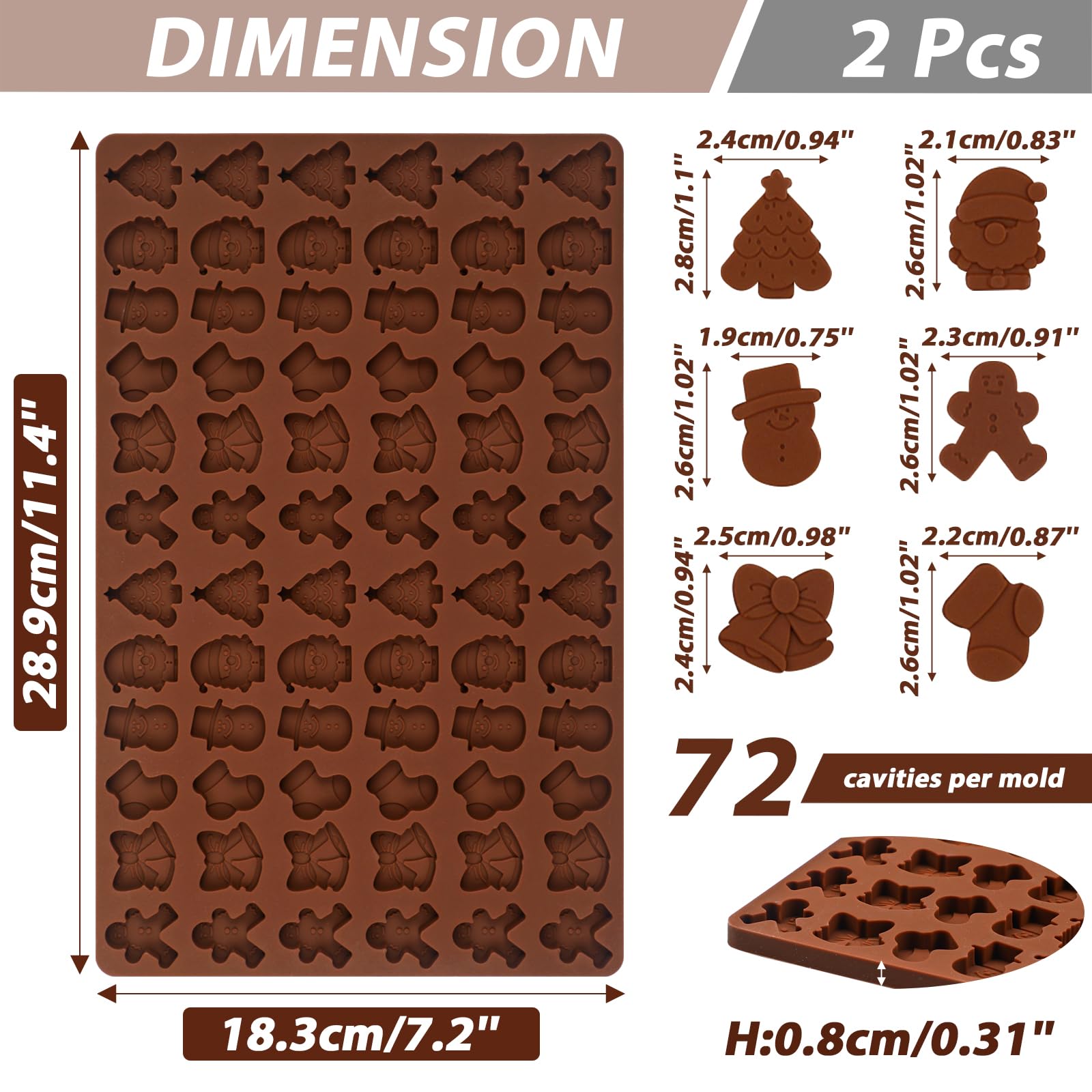 Webake Christmas Silicone Molds, 72-Cavity Mini Christmas Mold Shaped With Christmas Tree, Santa Claus, Gingerbread Man For Choc
