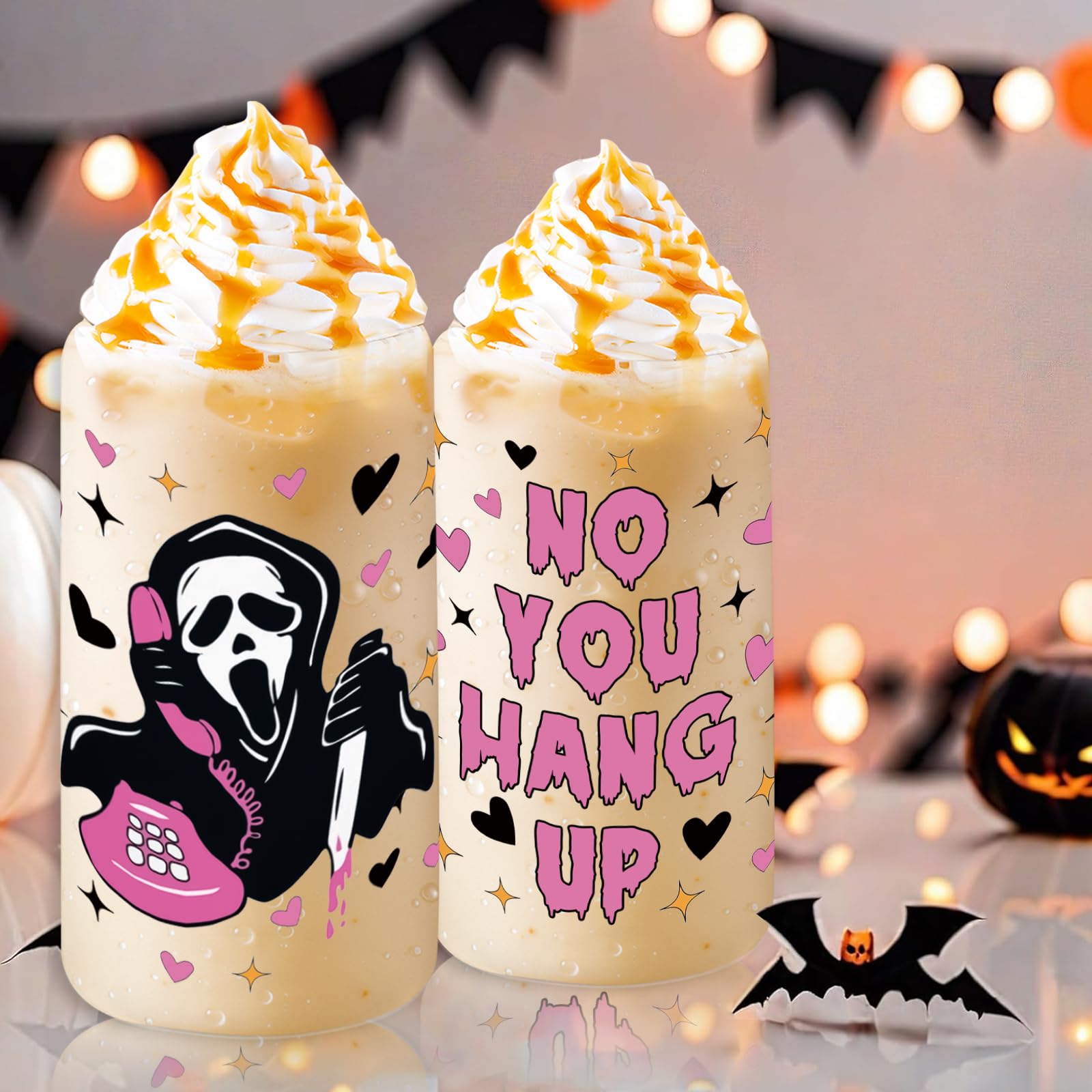 qiyeyeye 16oz Halloween Ghost Glass Cups with Lids and Straws, Cute Scream Skull Themed Pattern. Iced Coffee Tumblers,Halloween