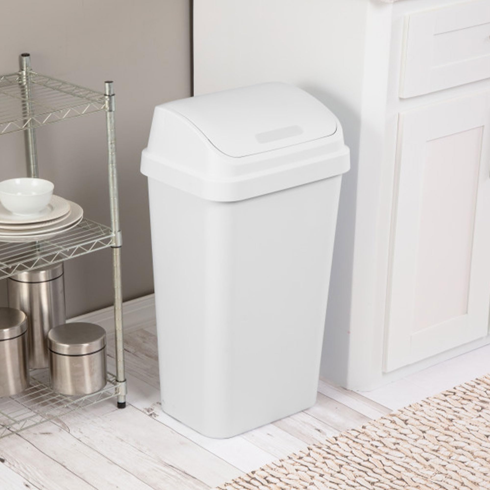 Sterilite 12 Pack Kitchen Garbage Trash Can With Plastic Swing Top, 13 Gal, White