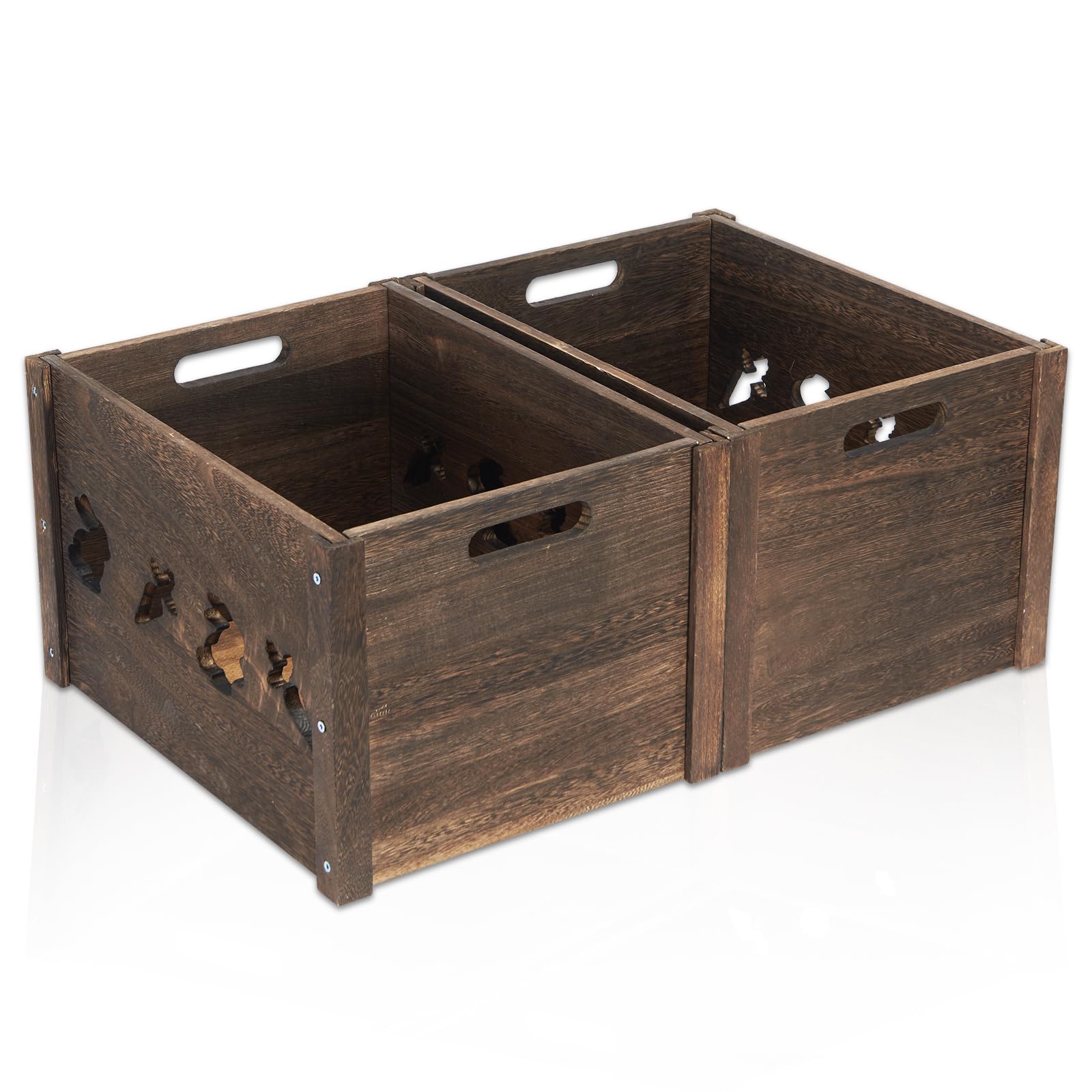 ROSOS Wooden Crates, Farmhouse Wooden Crates for Storage with Carved Cute Patten, Solid Wood Crates for Display, Durable & Handm