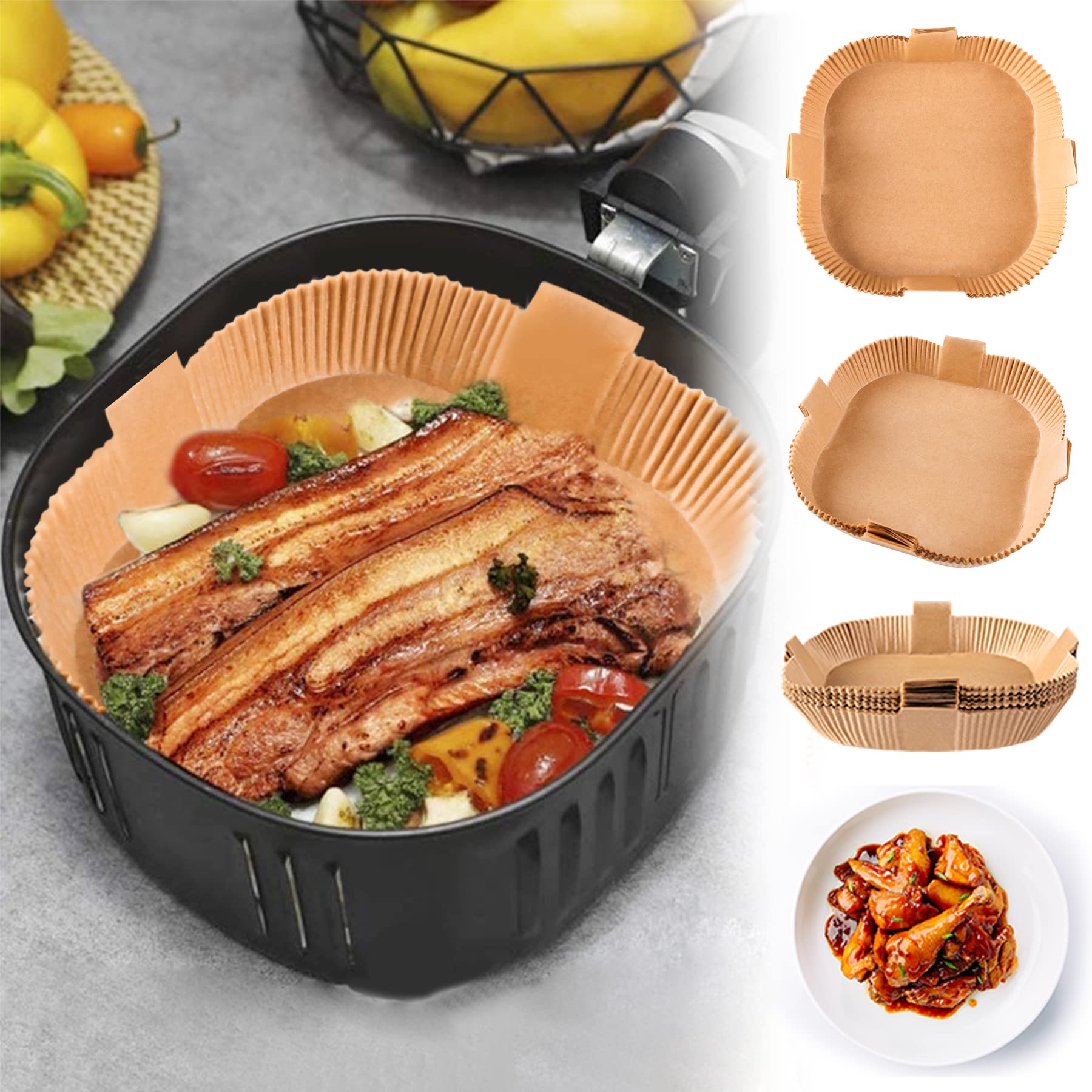 Air Fryer Disposable Paper Liner  Square Parchment Insert Non-Stick  Baking Food Grade Sheet for Aifryer Basket  Oven  Pan  Oil-proof  Water-proof  Papel Para Freidora De Aire(50PCS 7.9 Inch Natural)