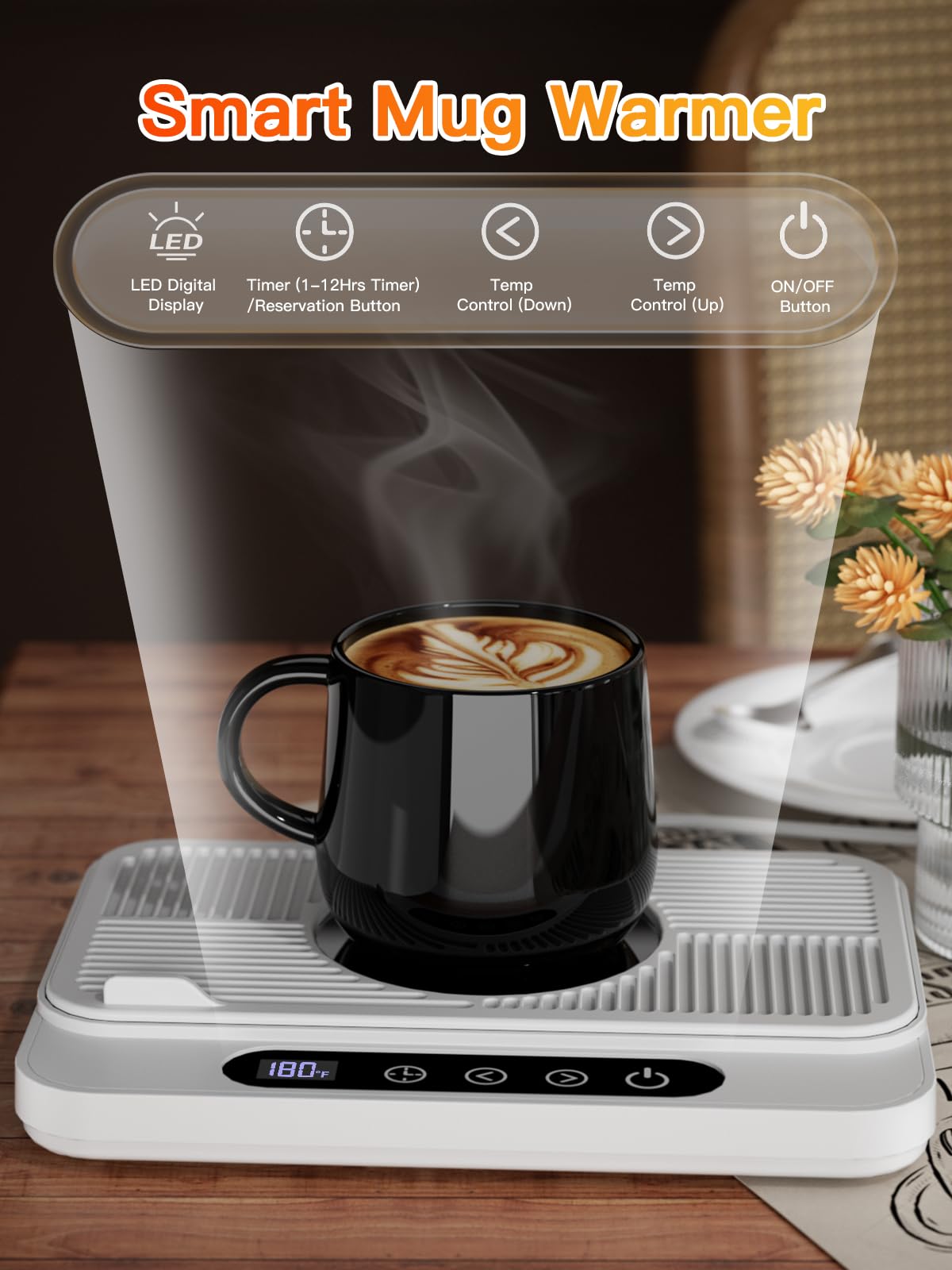Misby Mug Warmer, 50W Large Heating Panel Coffee Mug Warmer With 6-Temp Settings, 8H Auto Shut-Off, 12H Timer, Ultra-Thin Design