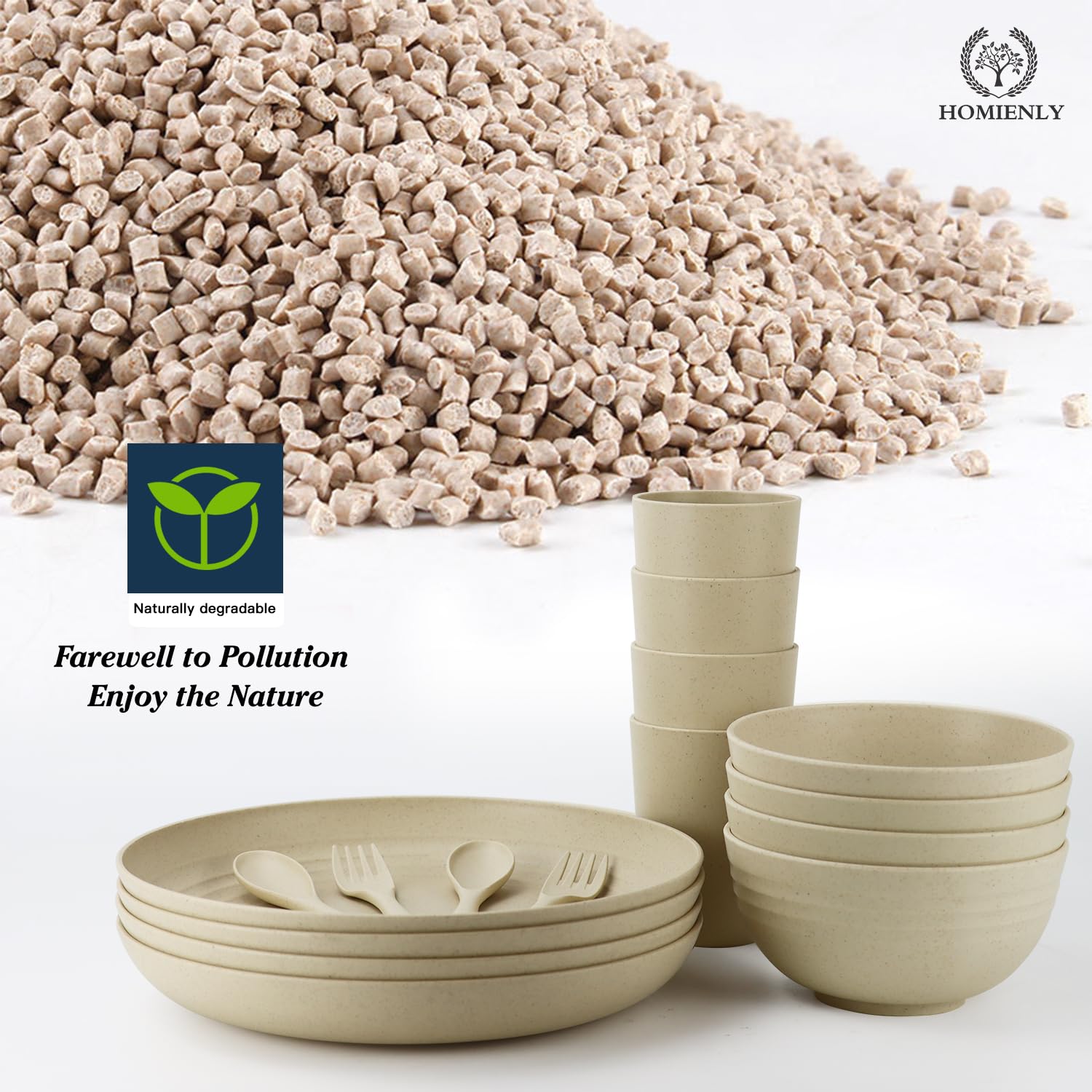 Homienly Wheat Straw Dinnerware Sets, 20Pcs Lightweight Unbreakable Dinnerware, Microwave Dishwasher Safe Bowls Cups Forks Spoon