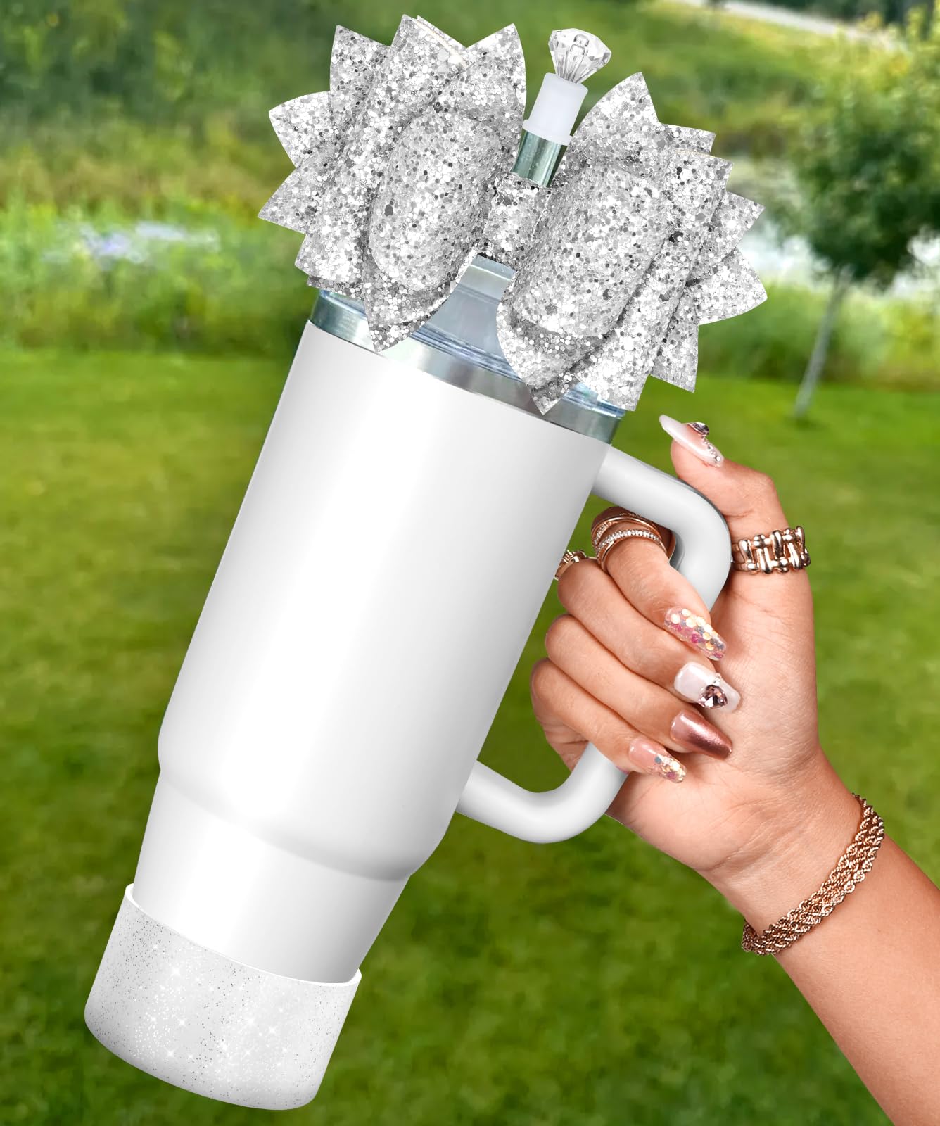 Toykee Cup Boot with Straw Cover for Stanley 40 30 oz - Bling Glitter Silver Bow Straw Topper and Diamond Caps with Bottom Prote