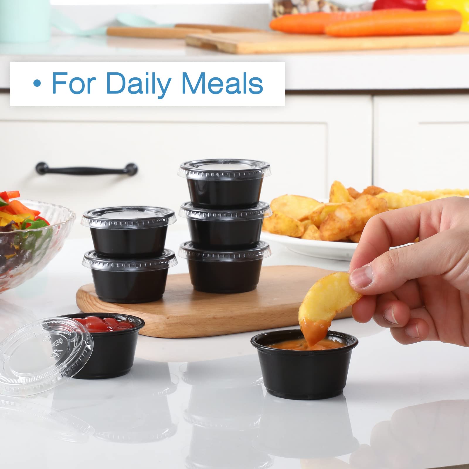 [130 Sets - 2 Oz ] Black Plastic Portion Cups, Jello Shot Cups, Small Plastic Containers With Lids, Airtight Salad Dressing Cont