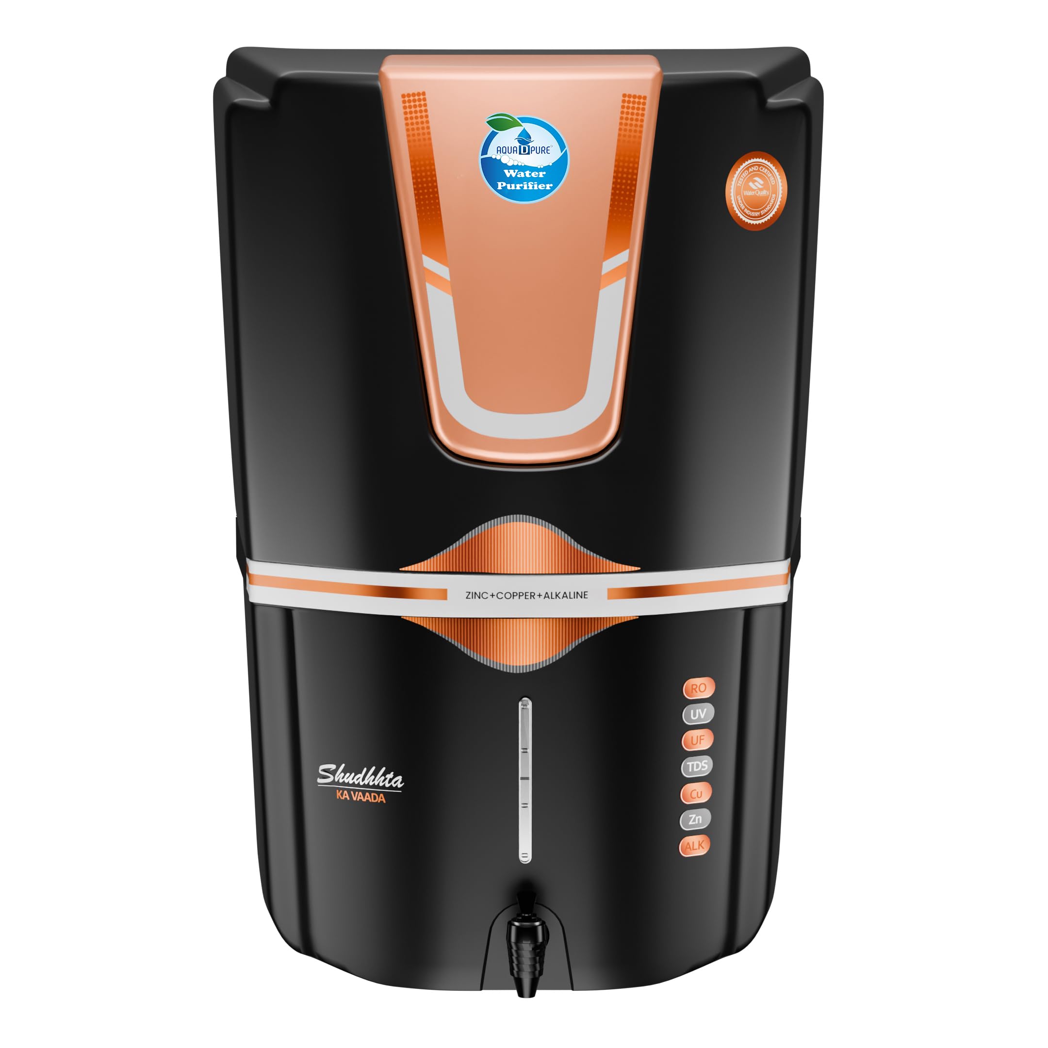 Aqua D Pure Bio Copper Zinc Alkaline Ro Water Purifer With Uv, Uf, Tds Adjuster Purification Technology, 12 Litre, Black Gold, S