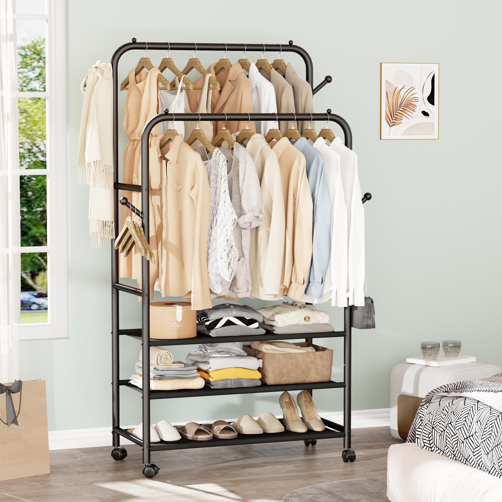 Furologee Double Rods Clothing Rack With Wheels And 3-Tier Storage Shelf, Clothes Rack For Hanging Clothes With 4 Hooks, Portabl
